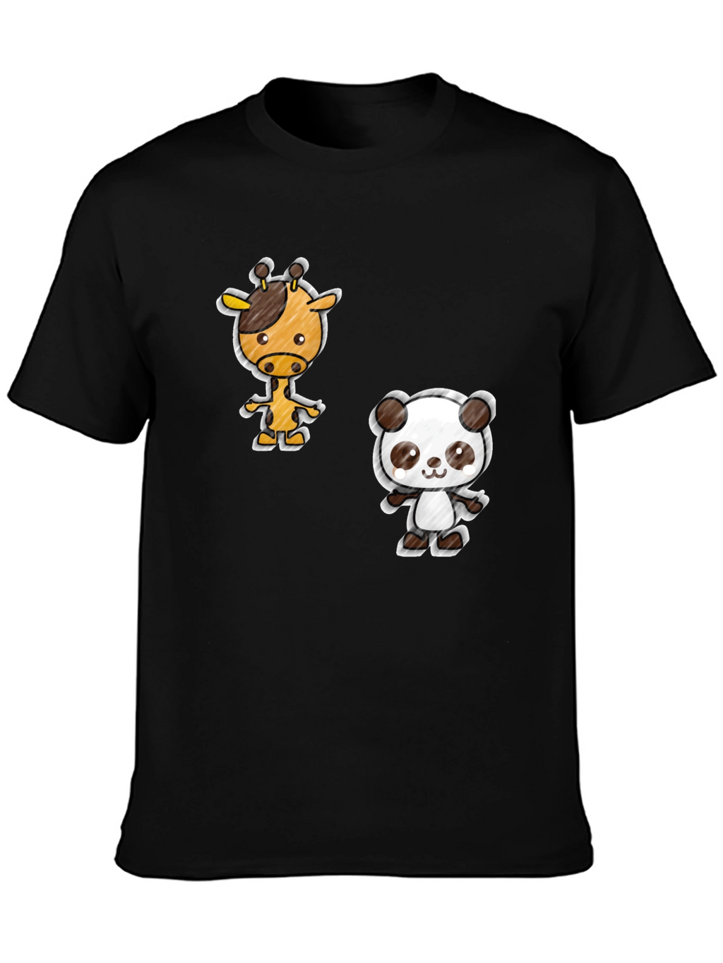 Cartoon Giraffe & Panda Black T-Shirt