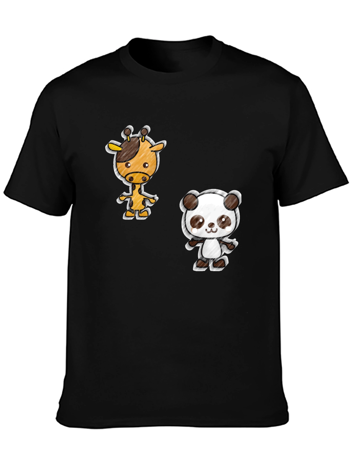 Cartoon Giraffe & Panda Black T-Shirt