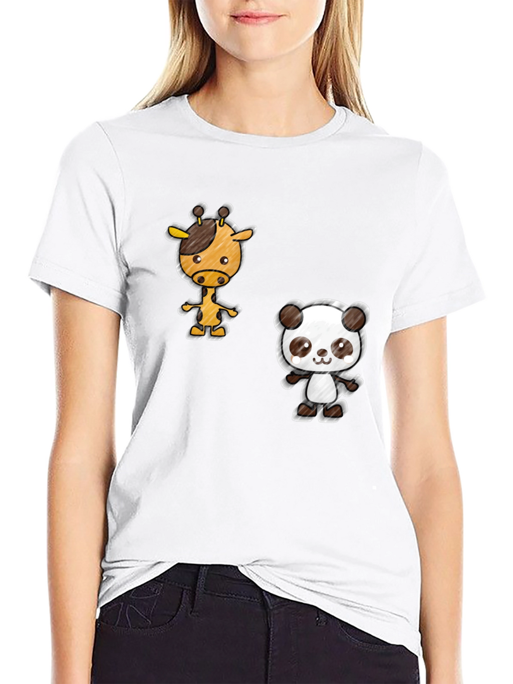 Cartoon Giraffe & Panda Black T-Shirt