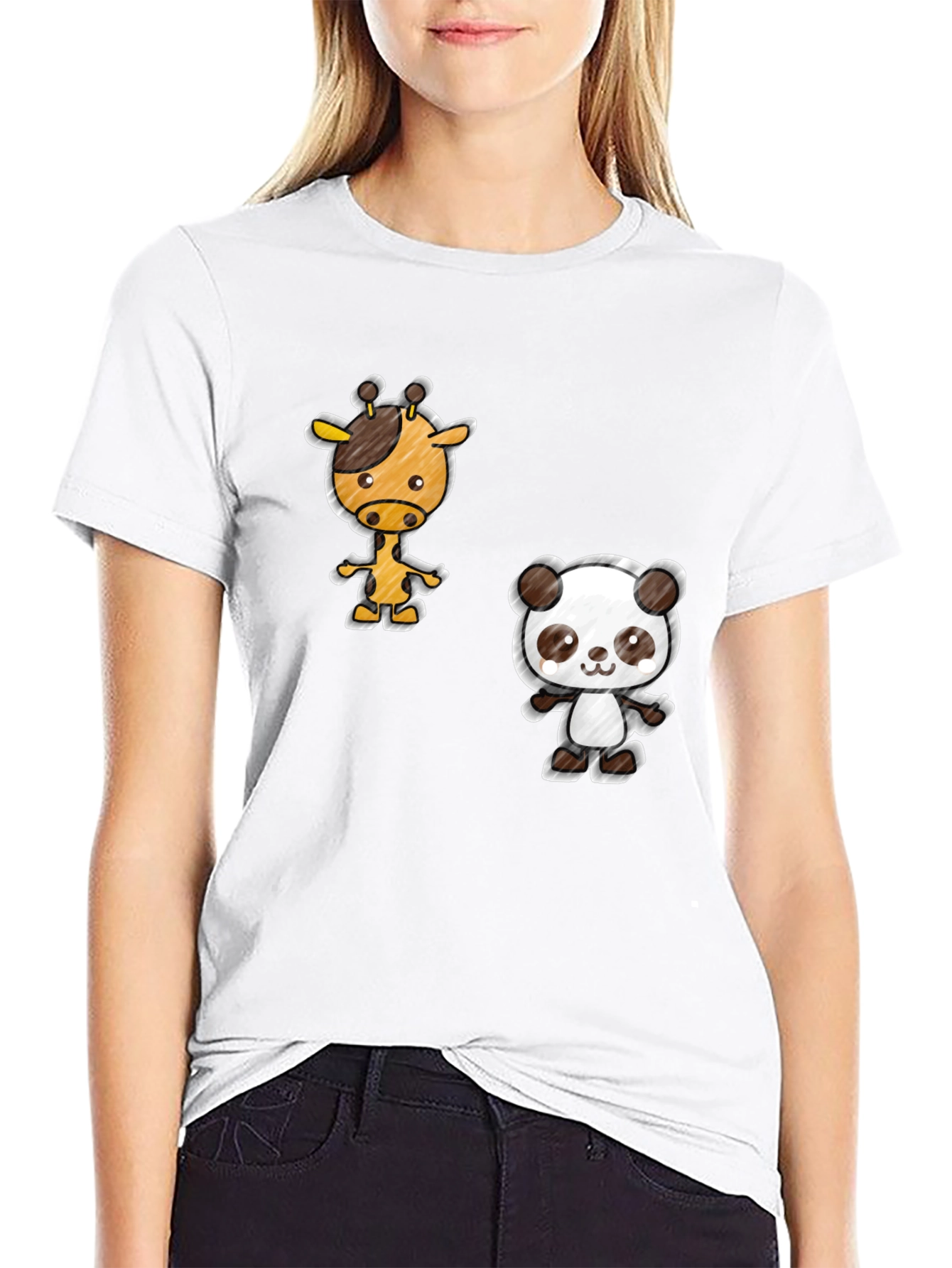 Cartoon Giraffe & Panda Black T-Shirt