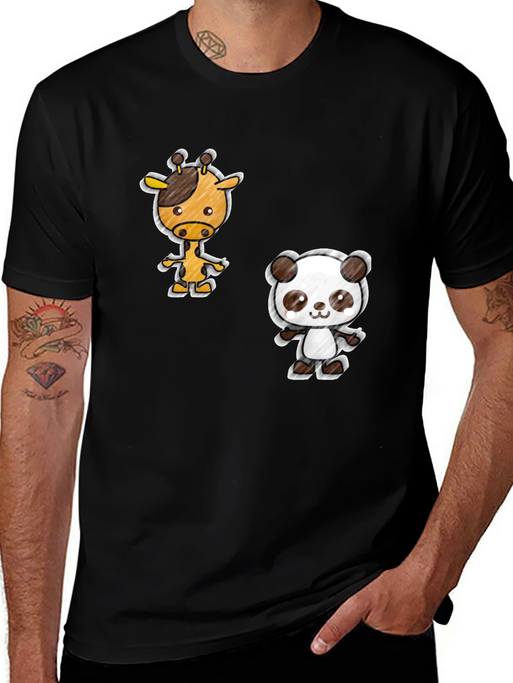 Cartoon Giraffe & Panda Black T-Shirt