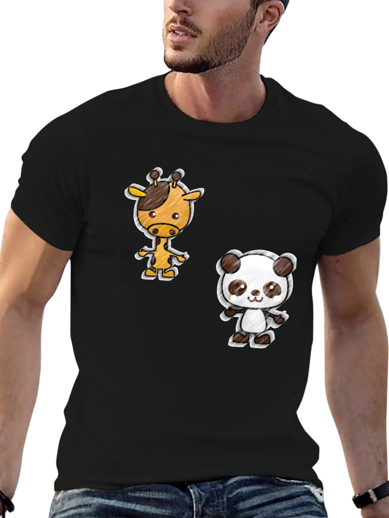 Cartoon Giraffe & Panda Black T-Shirt