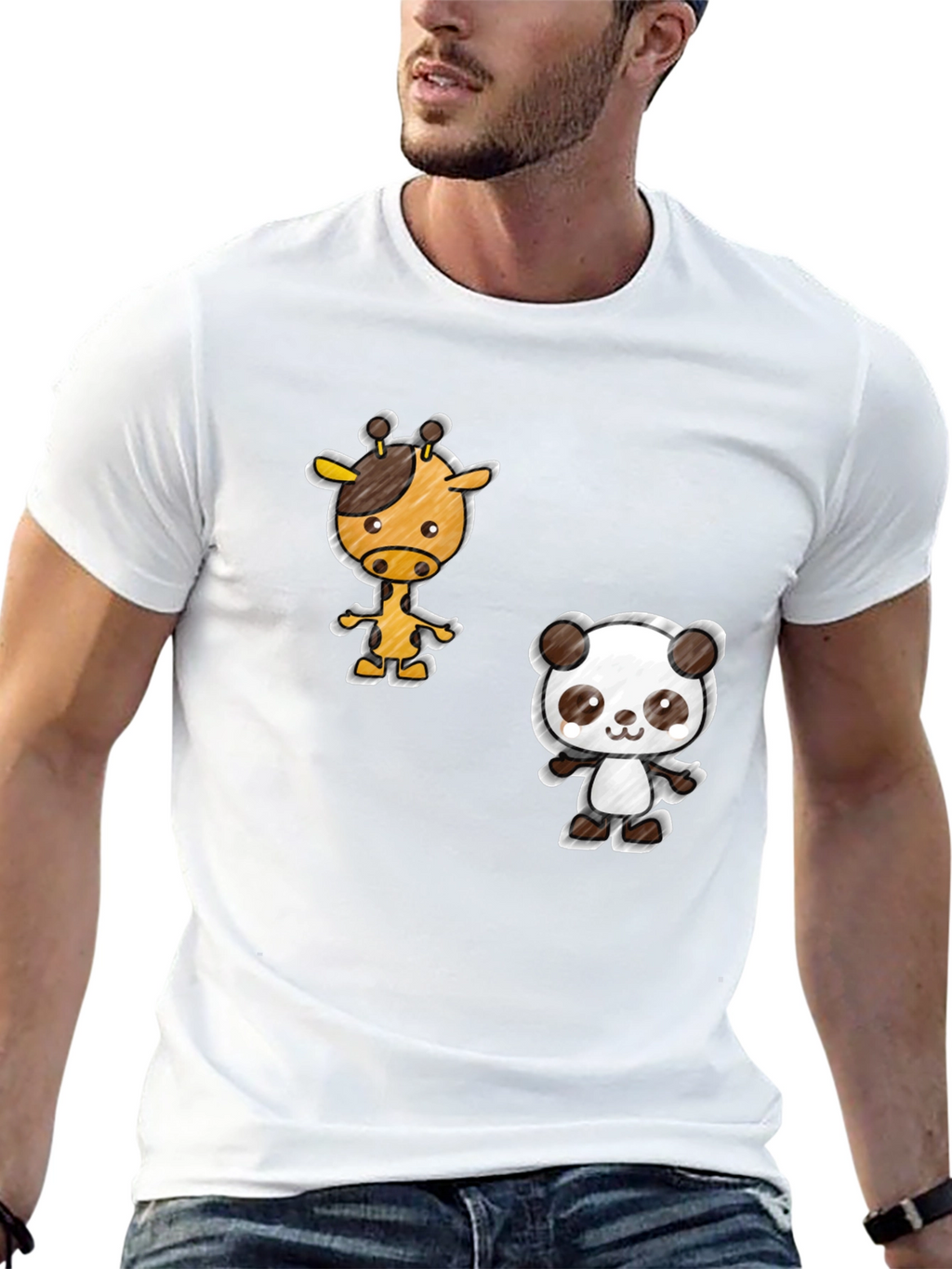 Cartoon Giraffe & Panda Black T-Shirt