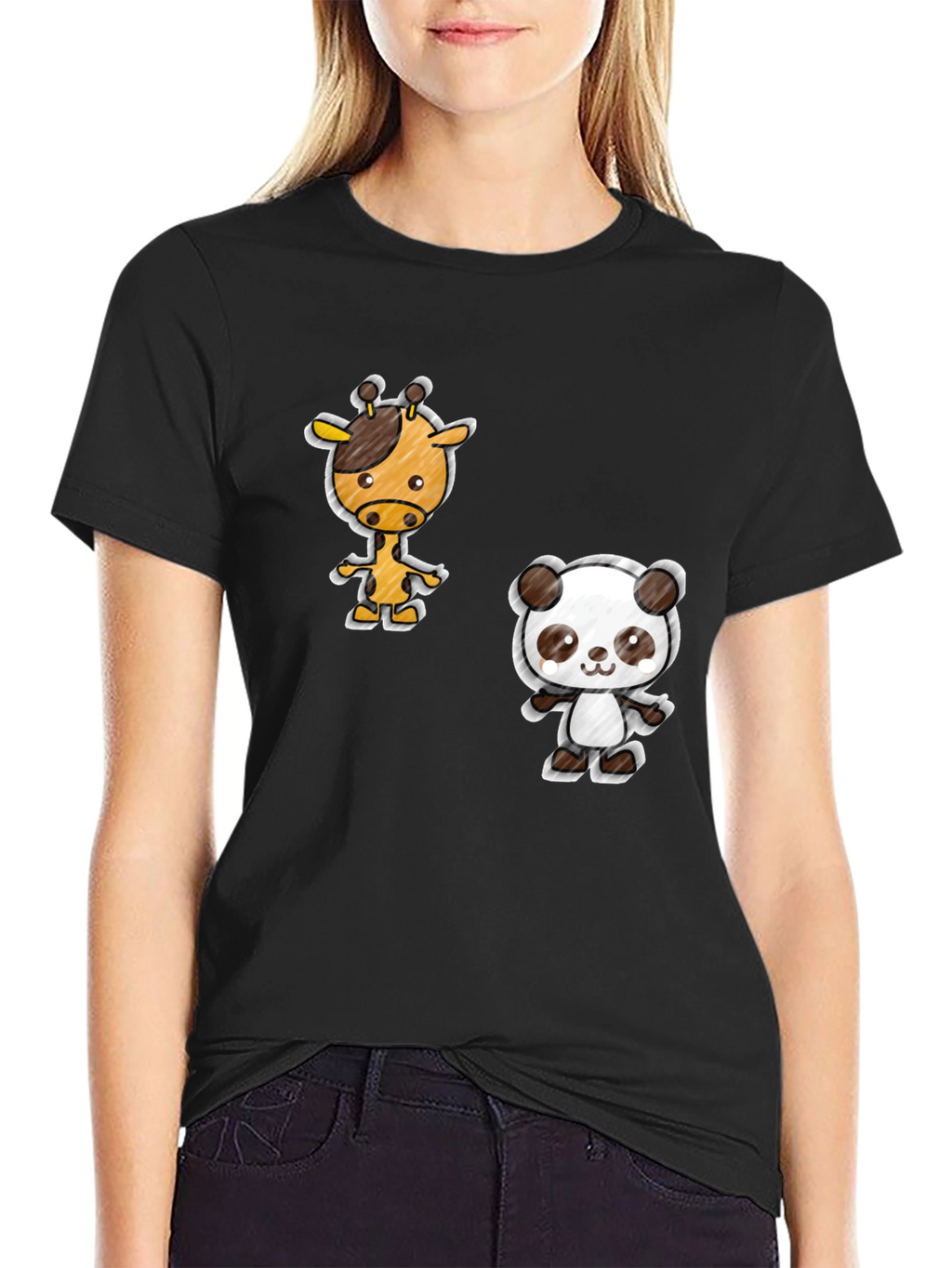 Cartoon Giraffe & Panda Black T-Shirt