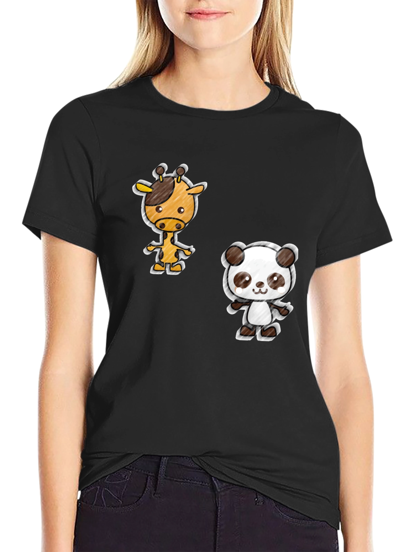 Cartoon Giraffe & Panda Black T-Shirt