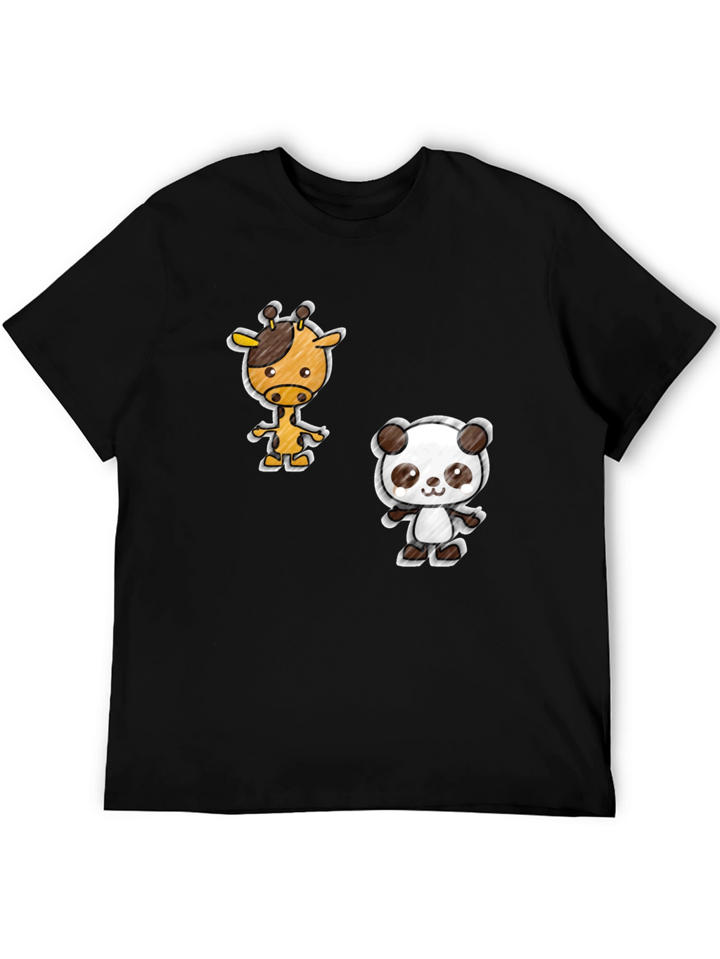 Cartoon Giraffe & Panda Black T-Shirt