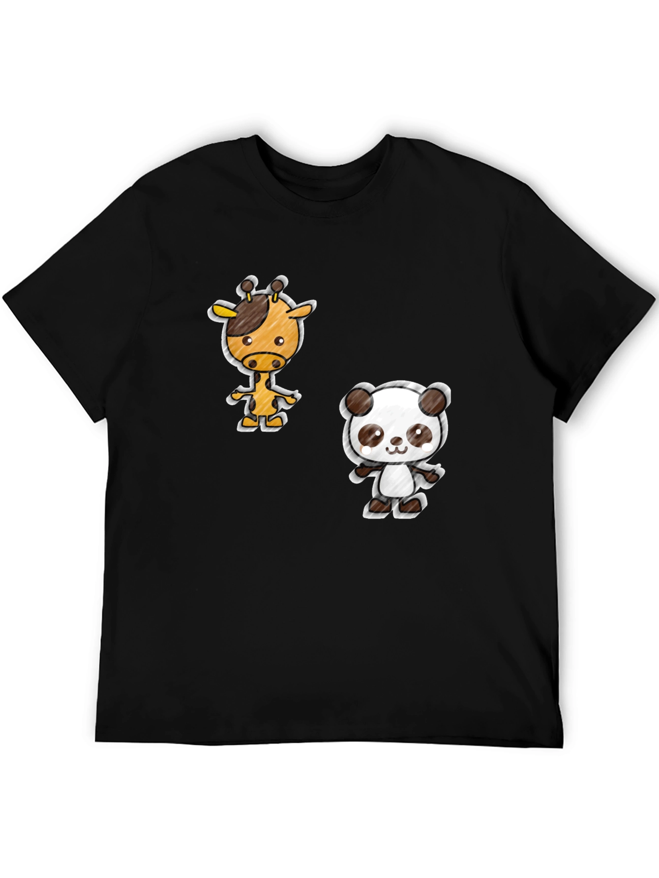 Cartoon Giraffe & Panda Black T-Shirt