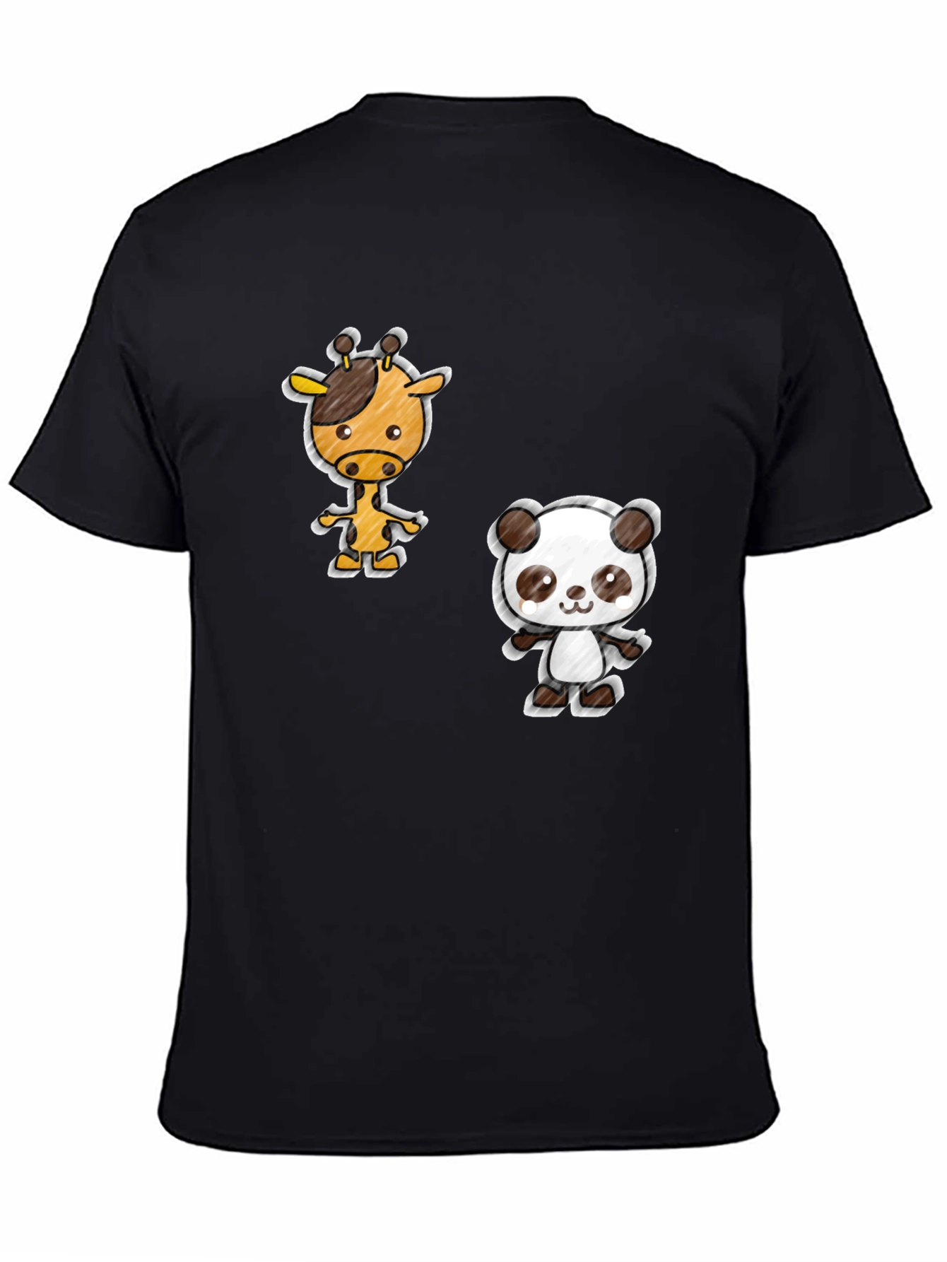 Cartoon Giraffe & Panda Black T-Shirt