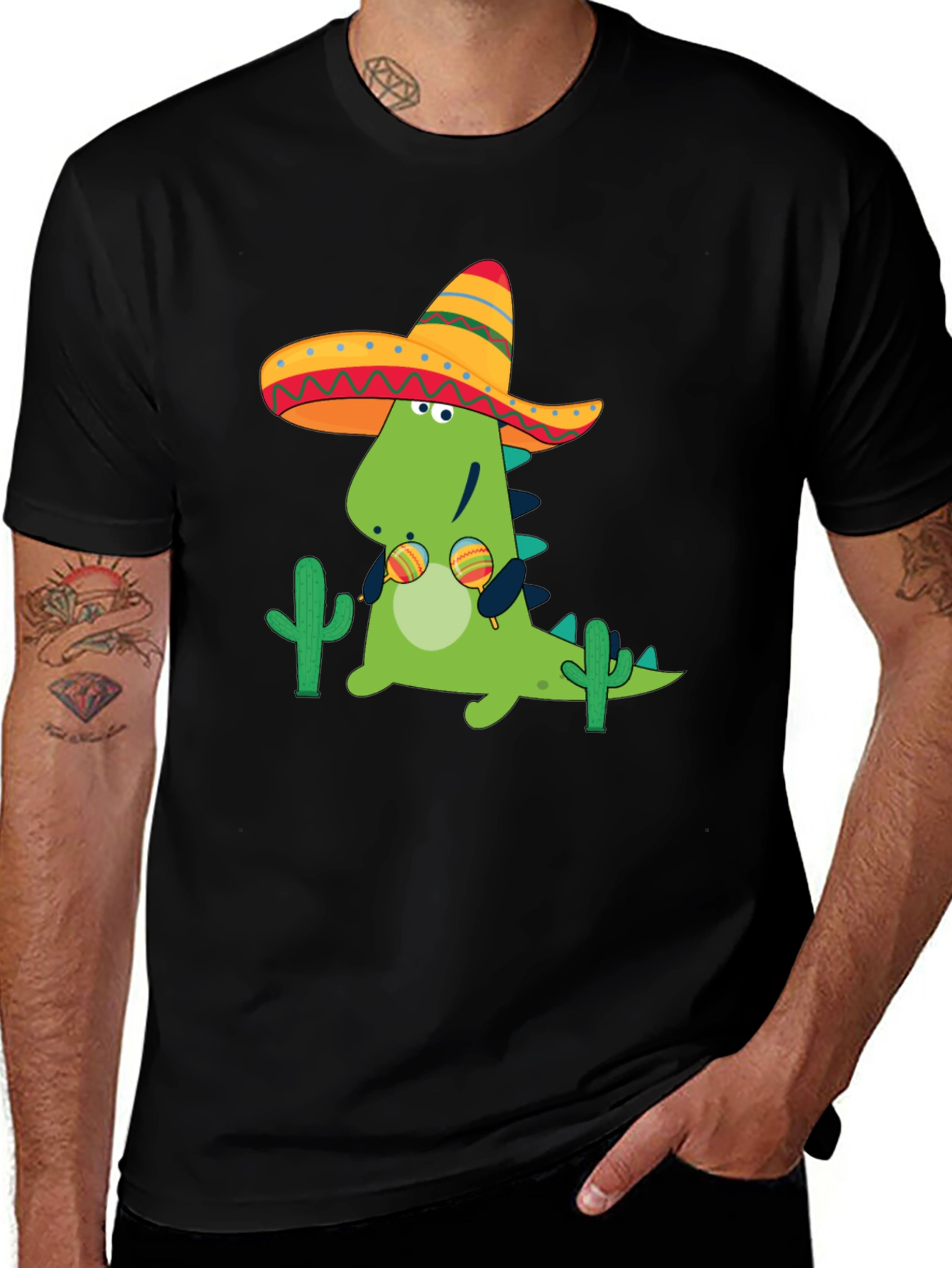 Dino Fiesta Black T-Shirt - Maracas & Sombrero