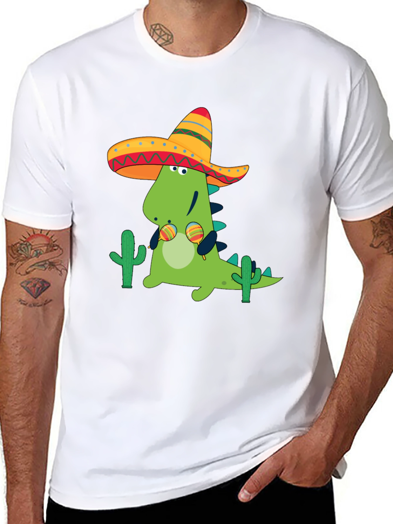 Dino Fiesta Black T-Shirt - Maracas & Sombrero