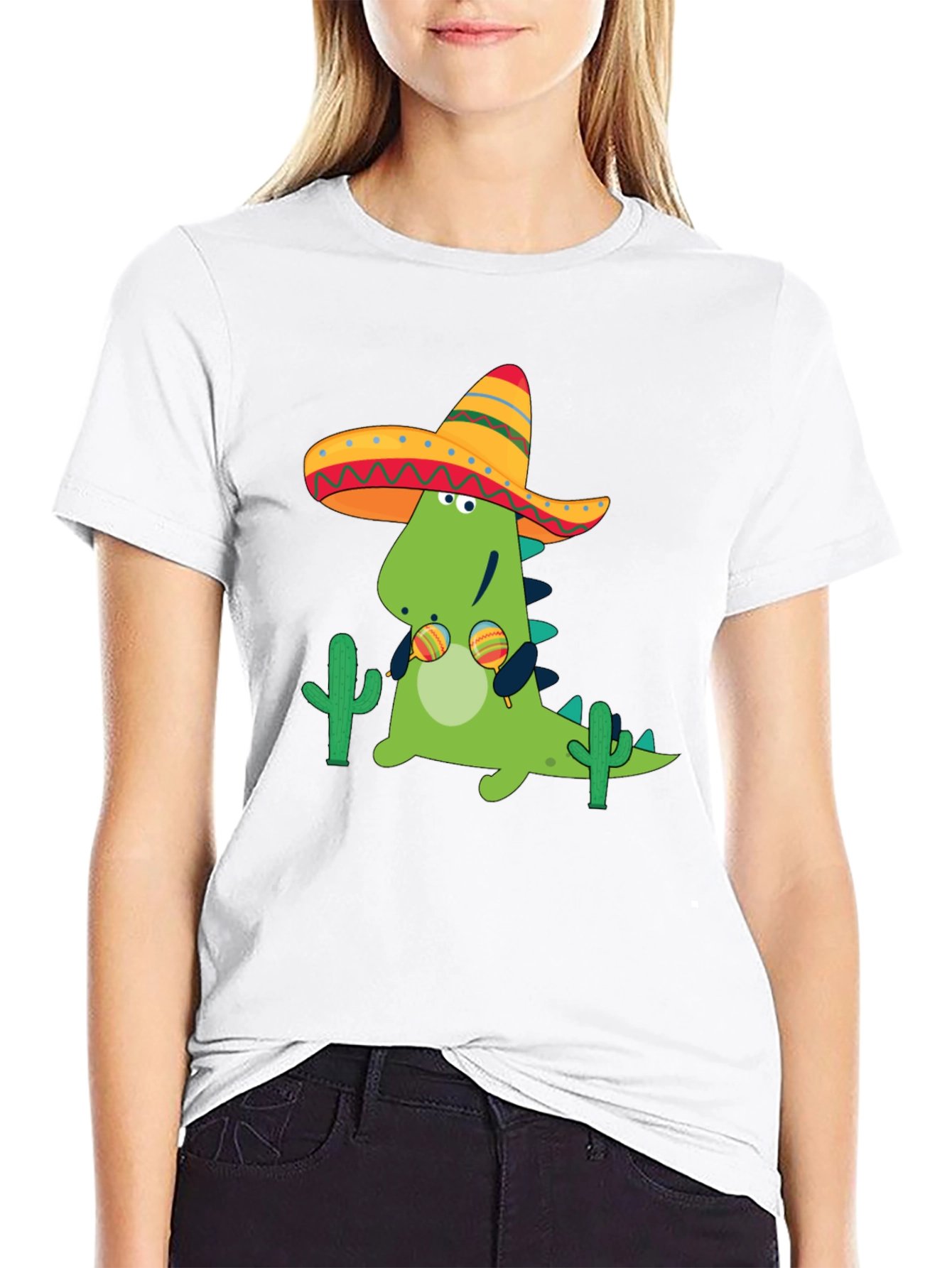 Dino Fiesta Black T-Shirt - Maracas & Sombrero
