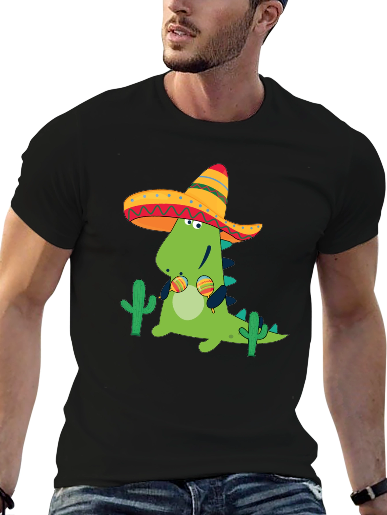 Dino Fiesta Black T-Shirt - Maracas & Sombrero