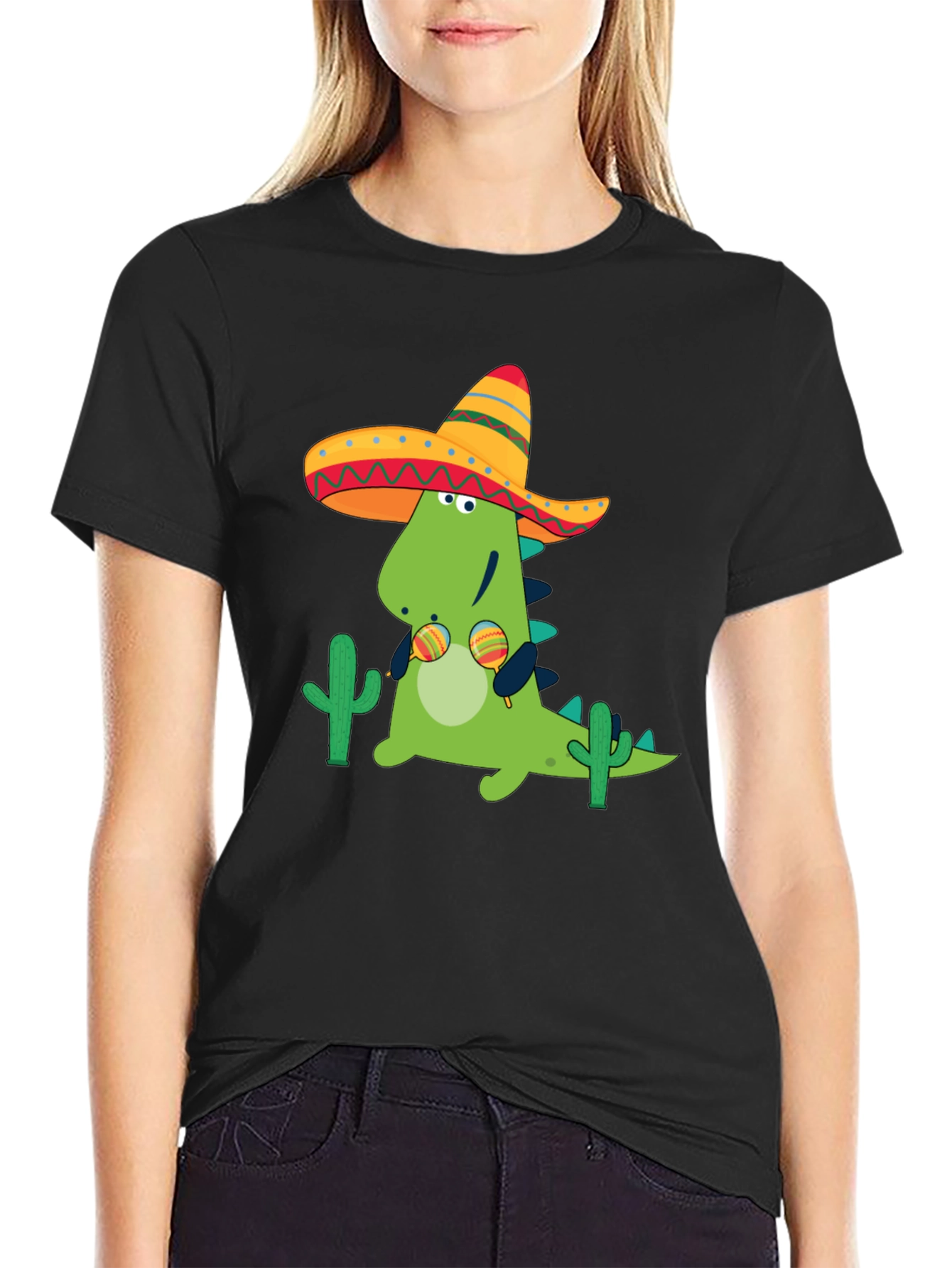 Dino Fiesta Black T-Shirt - Maracas & Sombrero
