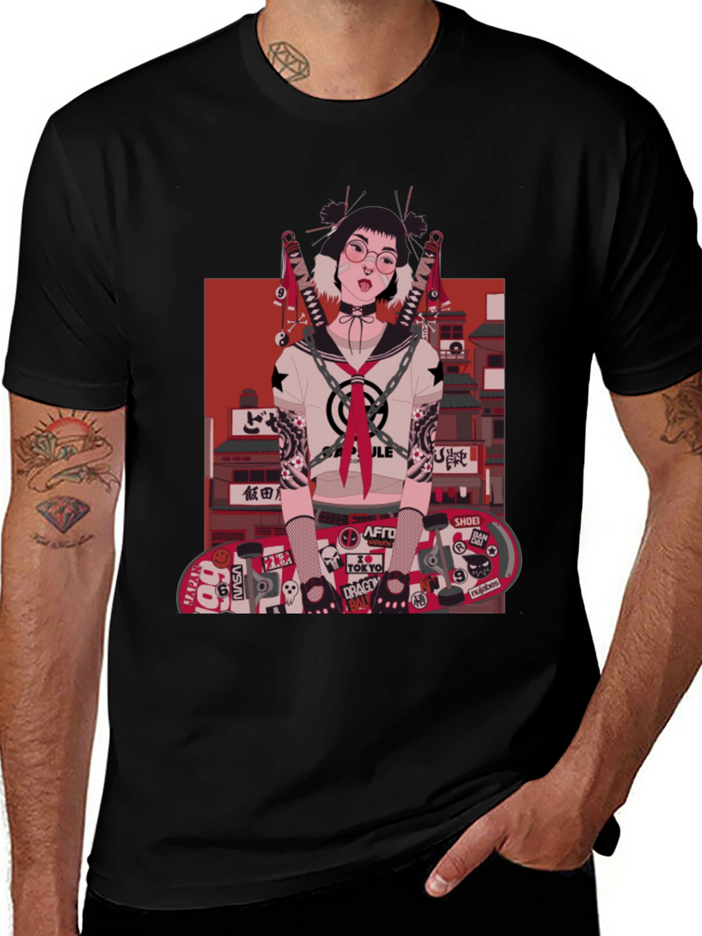 Edgy Anime Girl Graphic T-Shirt - Black