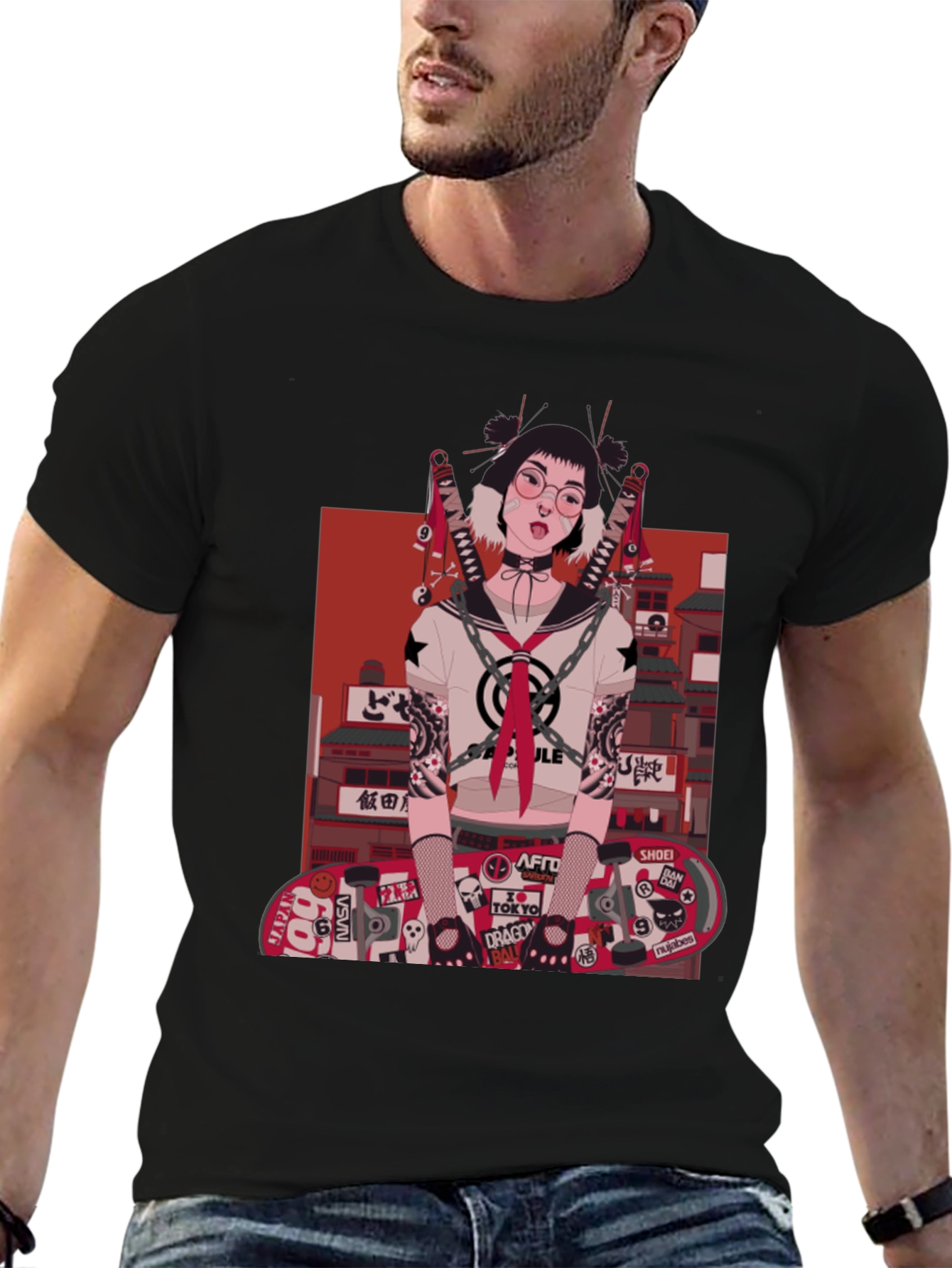 Edgy Anime Girl Graphic T-Shirt - Black