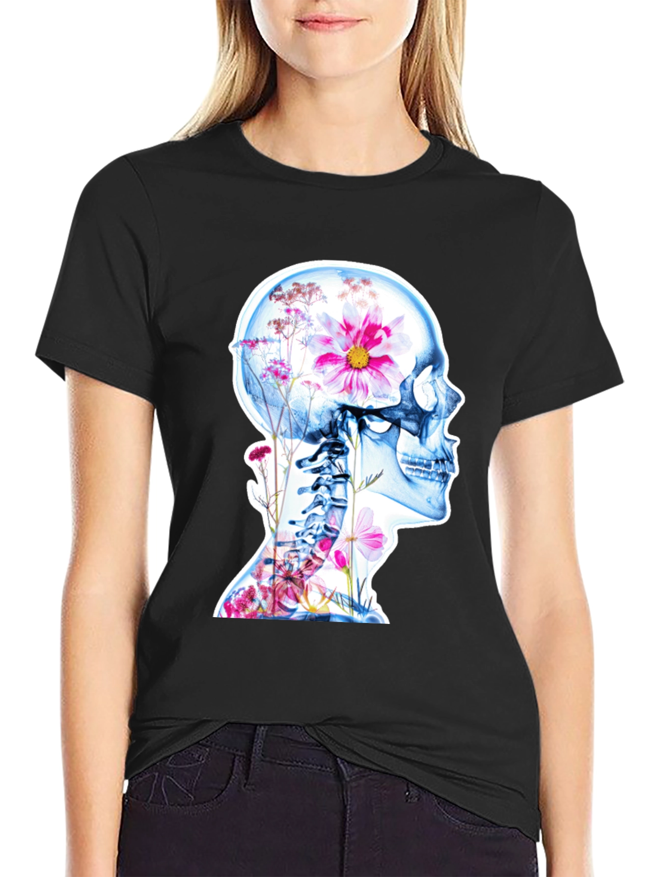 Floral Skeleton Graphic Tee - Unique Design