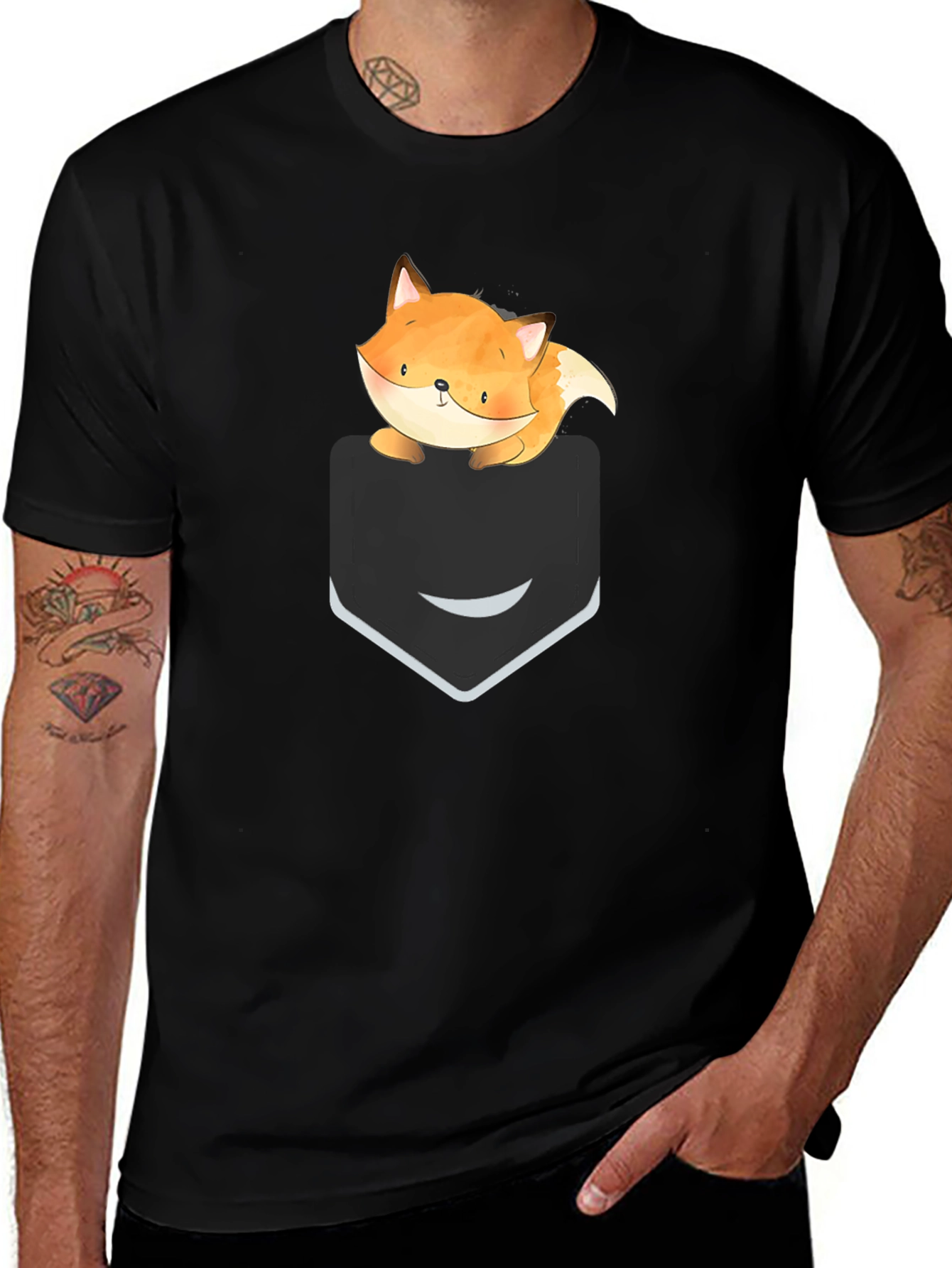 Cute Fox Pocket Graphic Tee - Soft Cotton Casual T-Shirt
