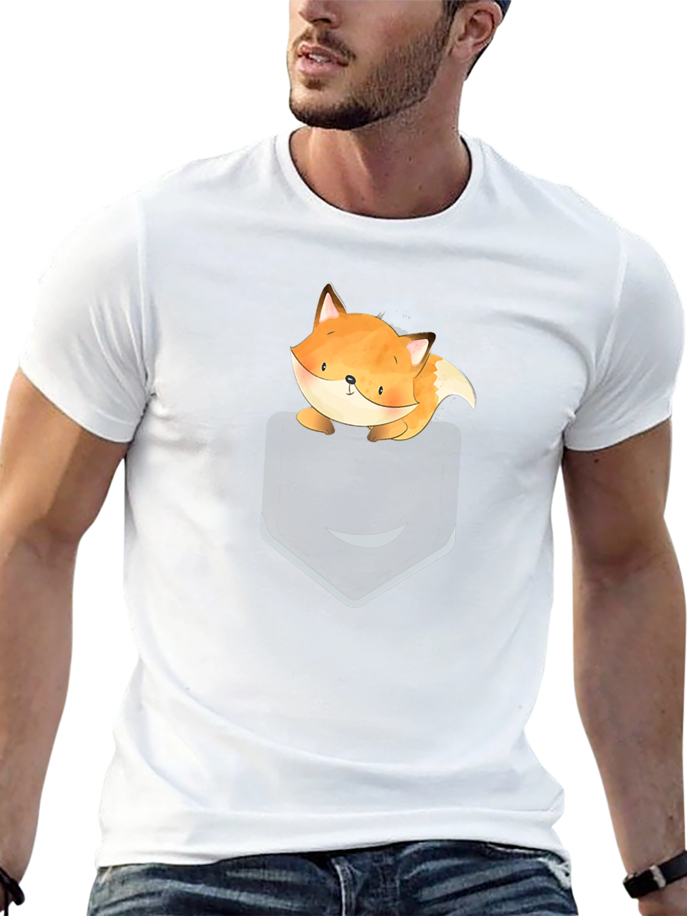 Cute Fox Pocket Graphic Tee - Soft Cotton Casual T-Shirt