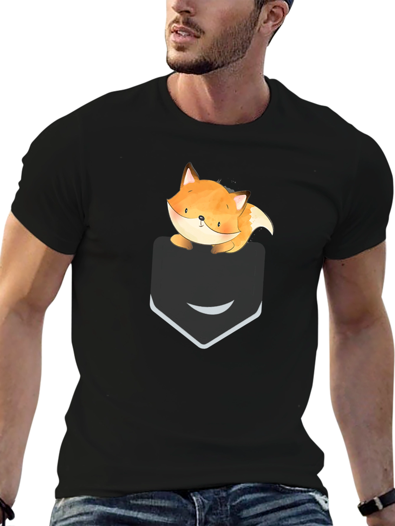 Cute Fox Pocket Graphic Tee - Soft Cotton Casual T-Shirt