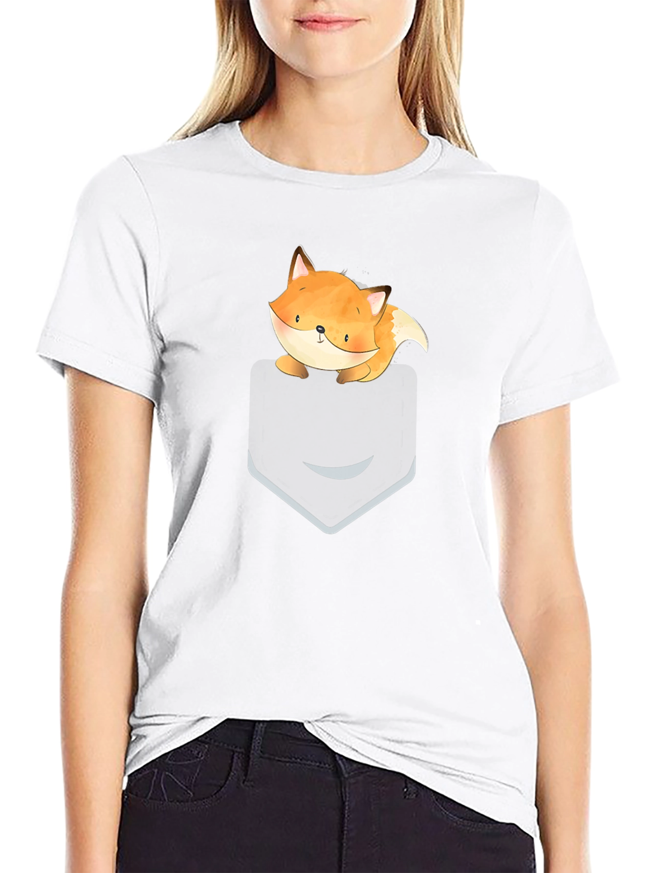 Cute Fox Pocket Graphic Tee - Soft Cotton Casual T-Shirt