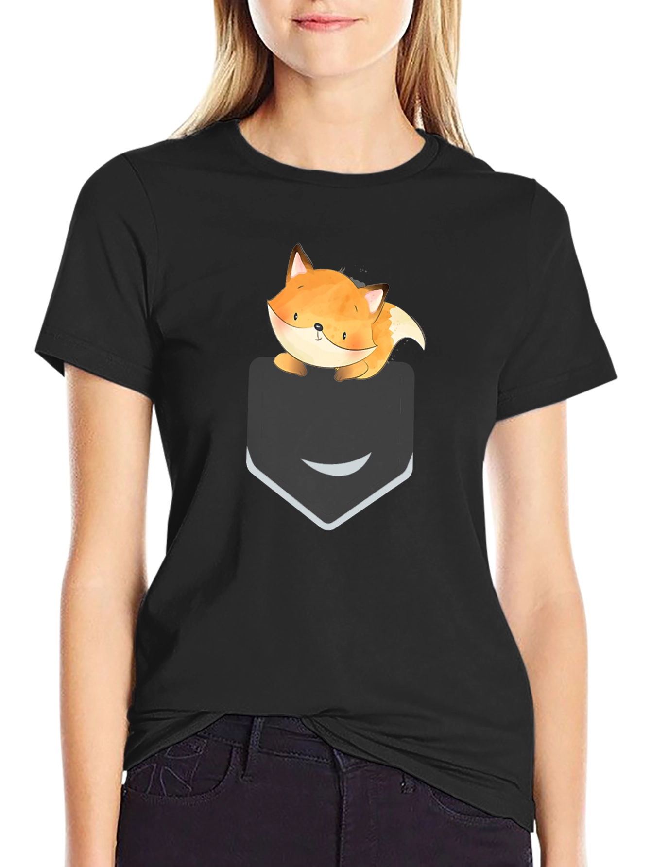 Cute Fox Pocket Graphic Tee - Soft Cotton Casual T-Shirt