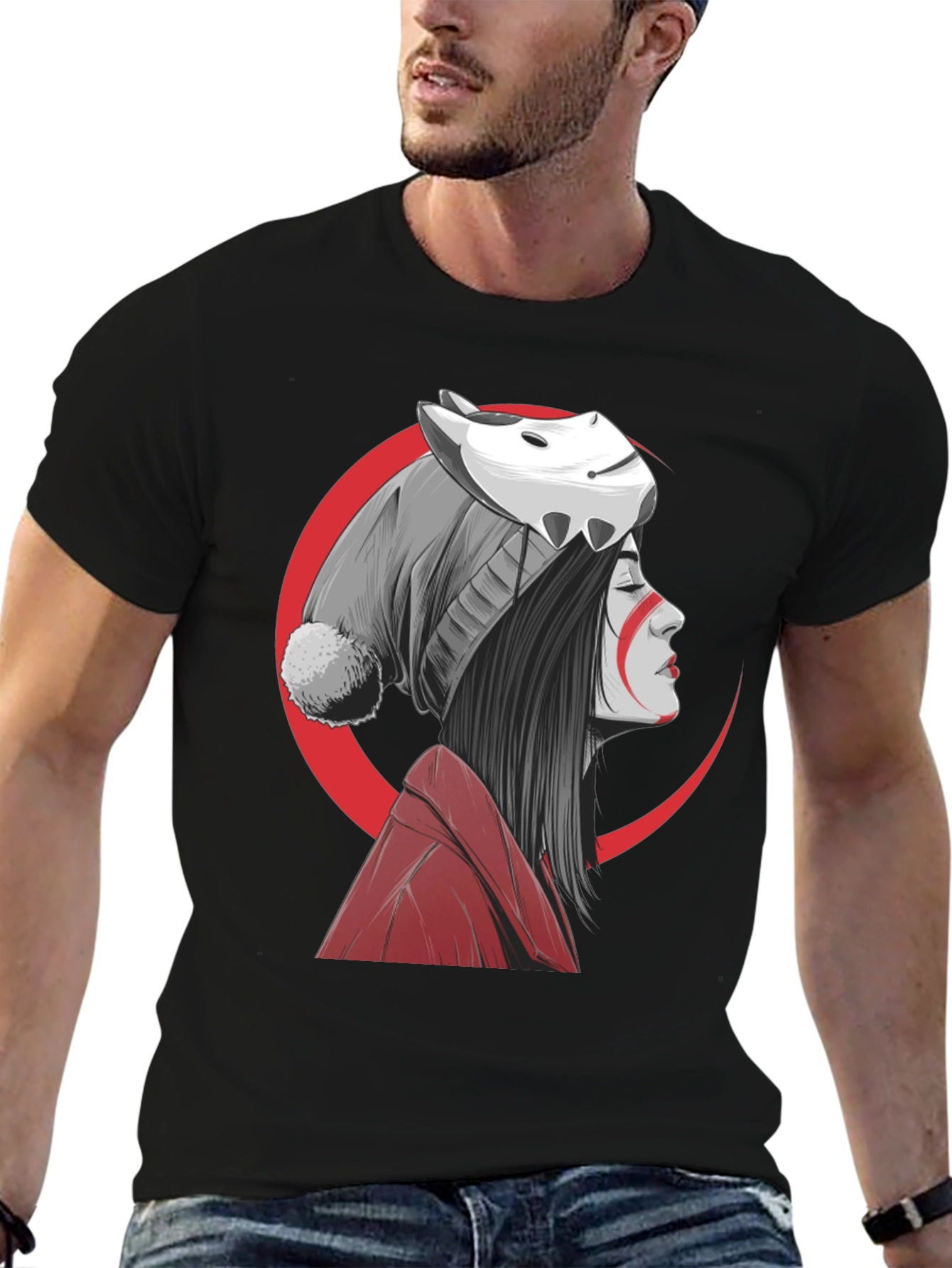 Anime Girl Mask Graphic Tee - Soft Cotton Blend Shirt