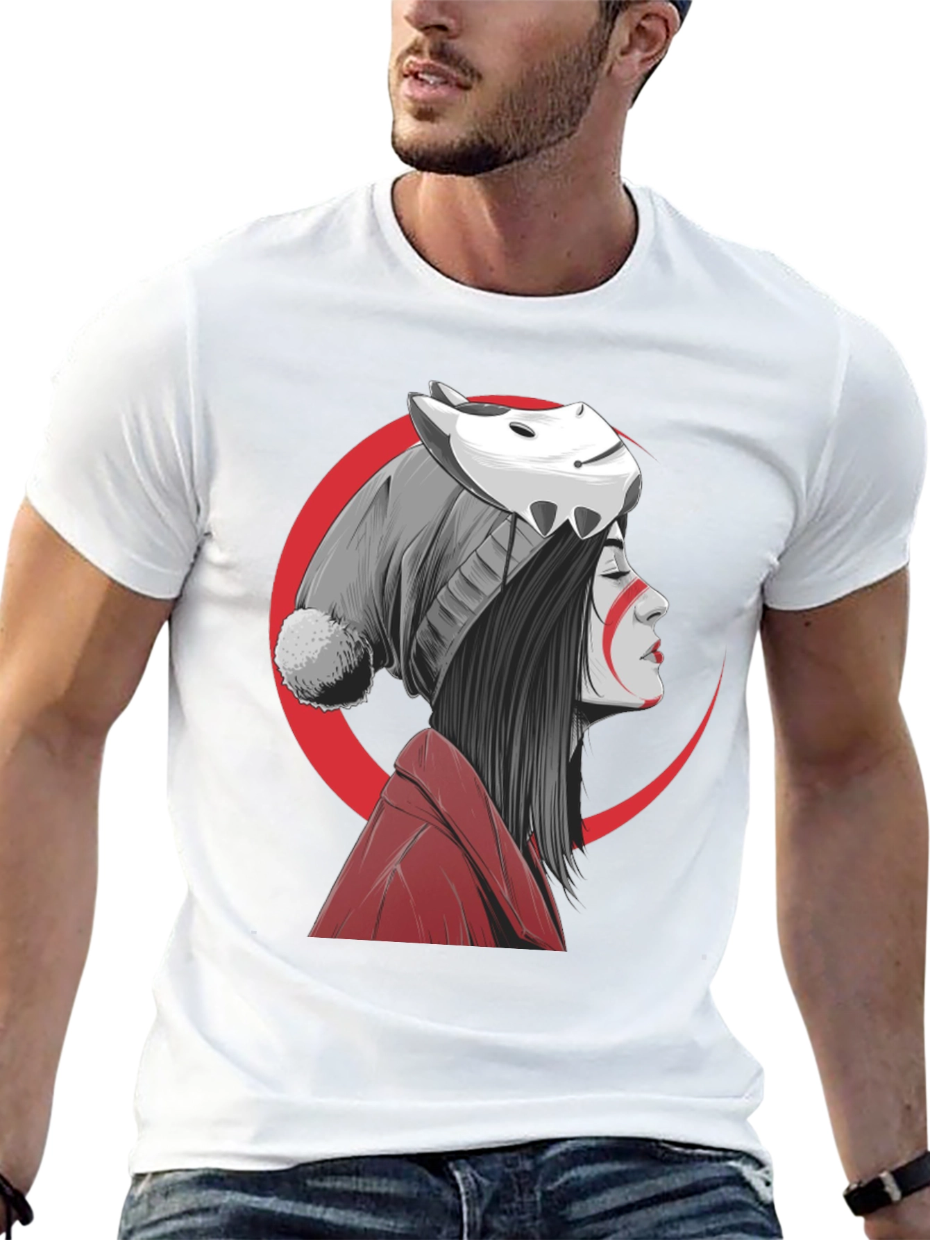 Anime Girl Mask Graphic Tee - Soft Cotton Blend Shirt