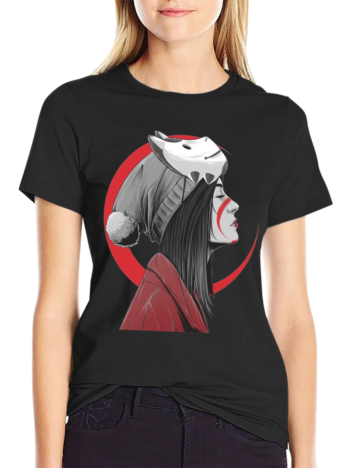 Anime Girl Mask Graphic Tee - Soft Cotton Blend Shirt