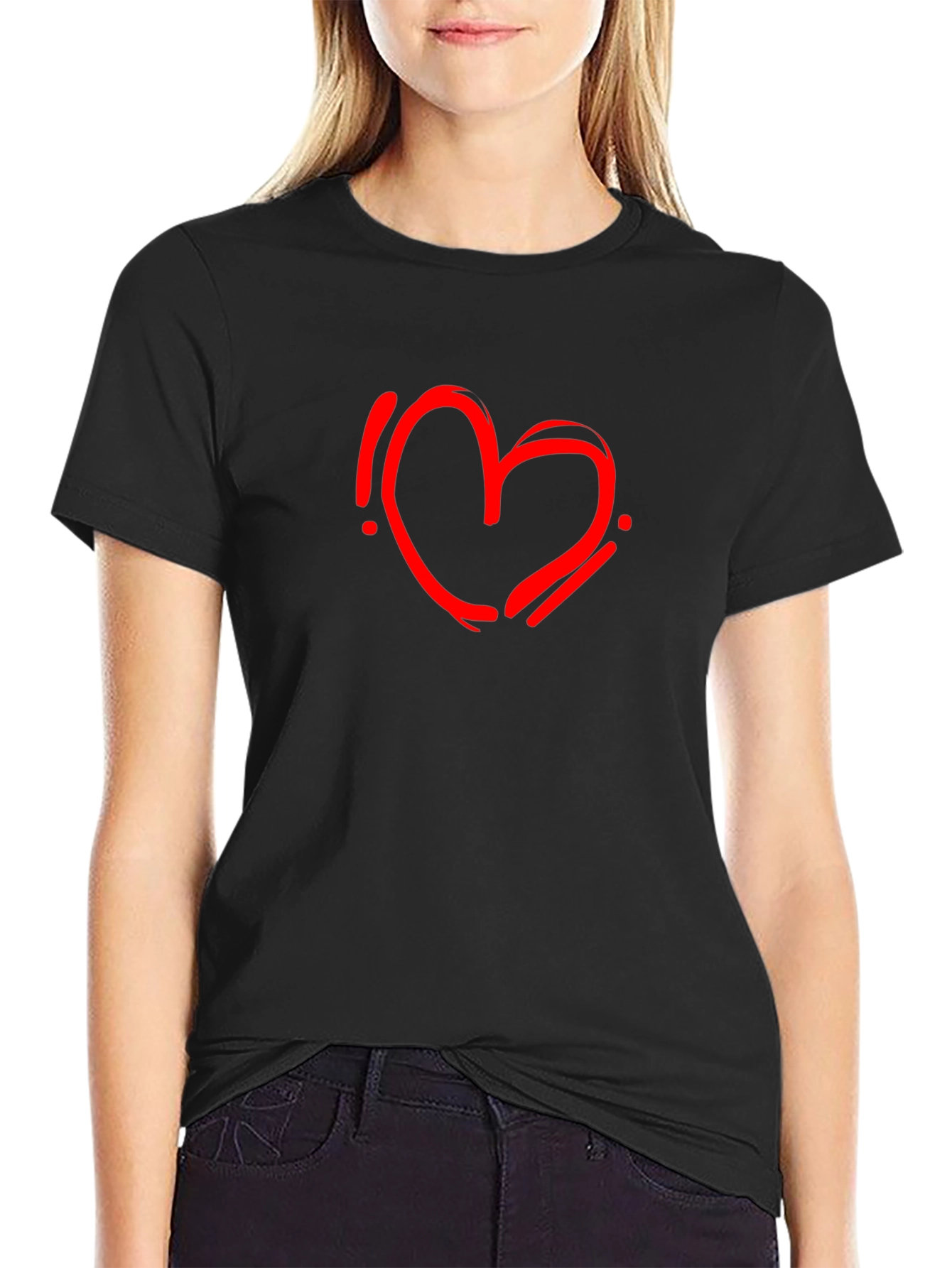 Black T-Shirt with Red Heart Graphic