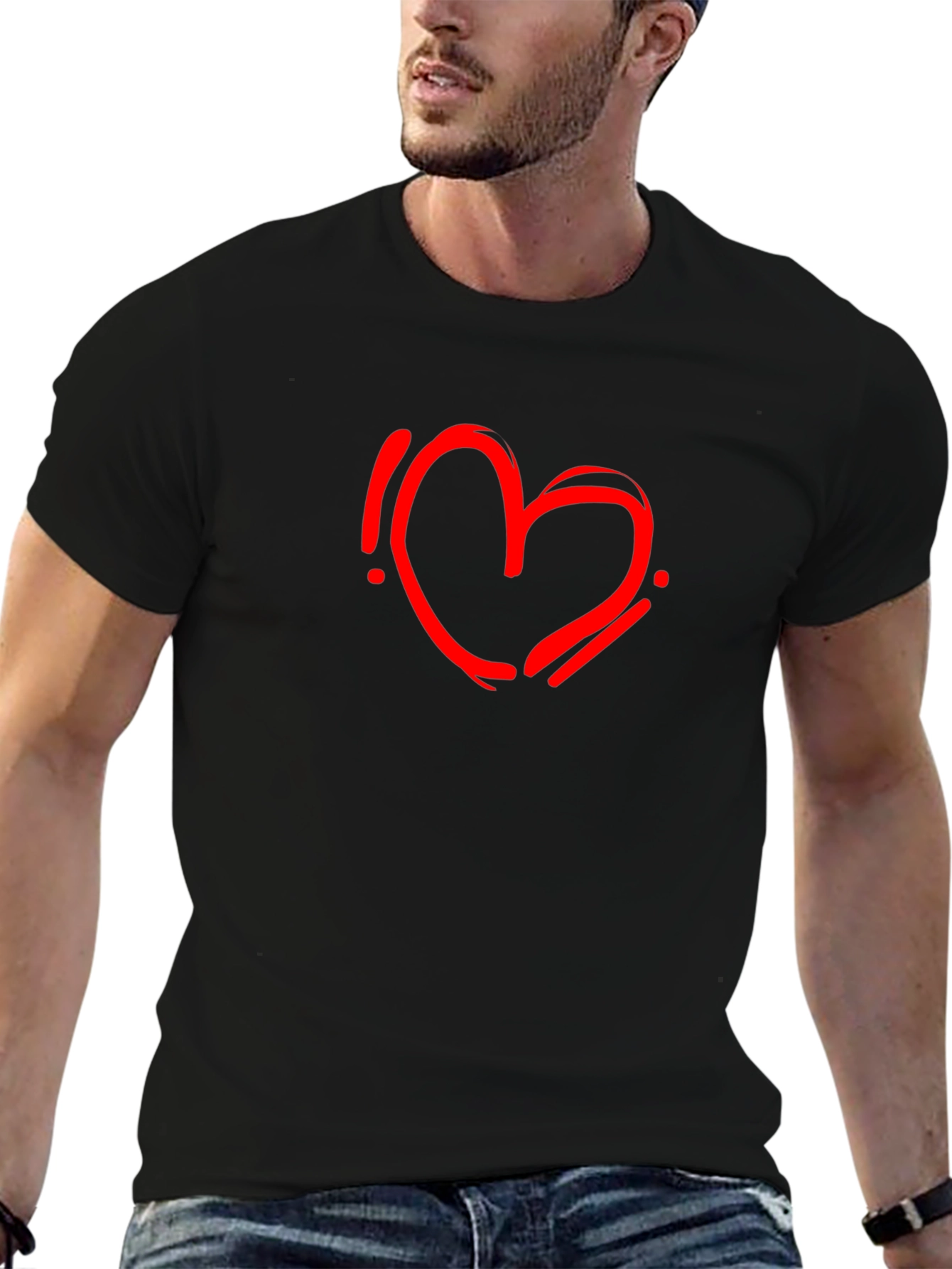 Black T-Shirt with Red Heart Graphic