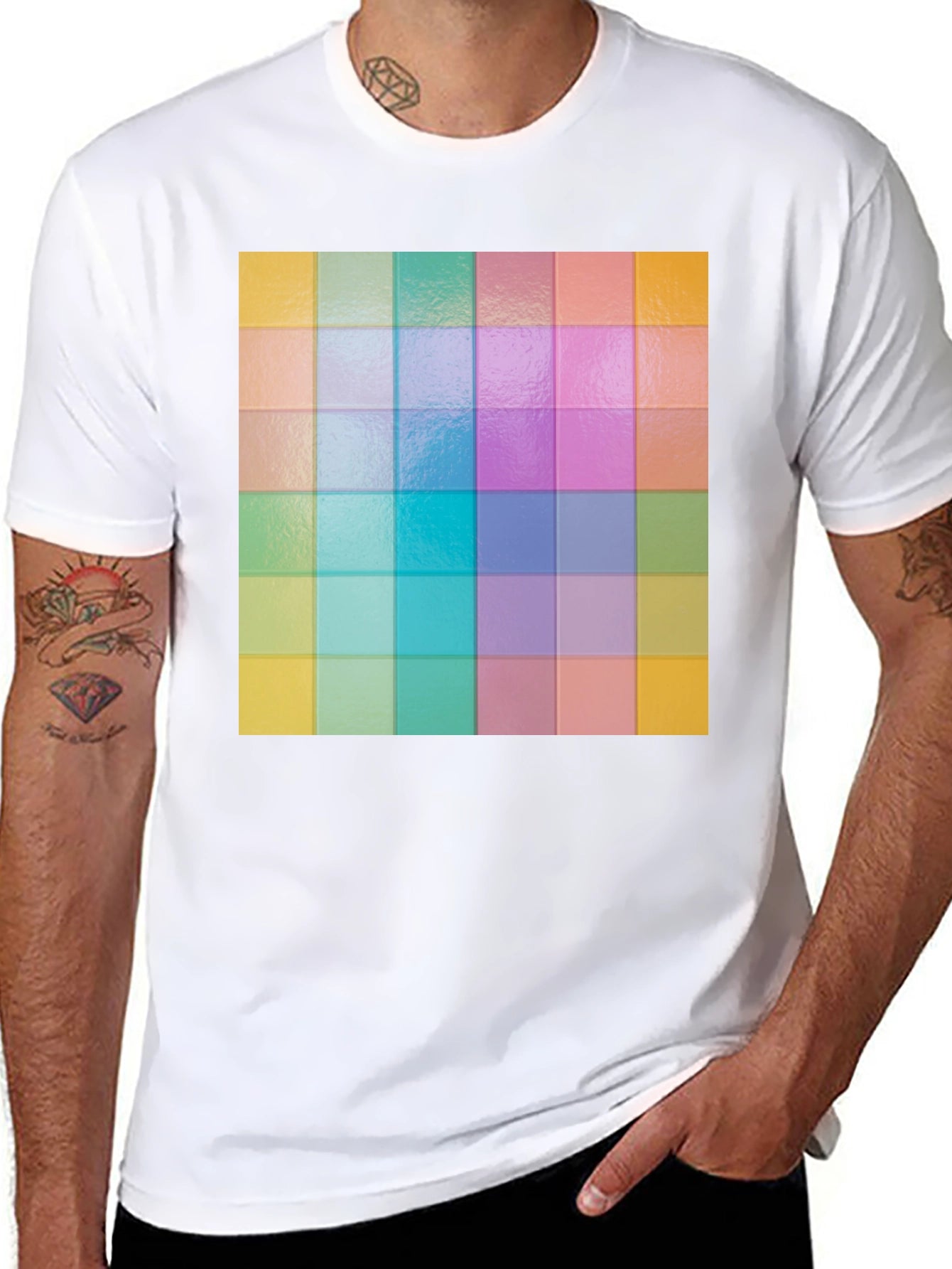 Colorful Grid Pattern Graphic Tee - Stylish Casual Wear
