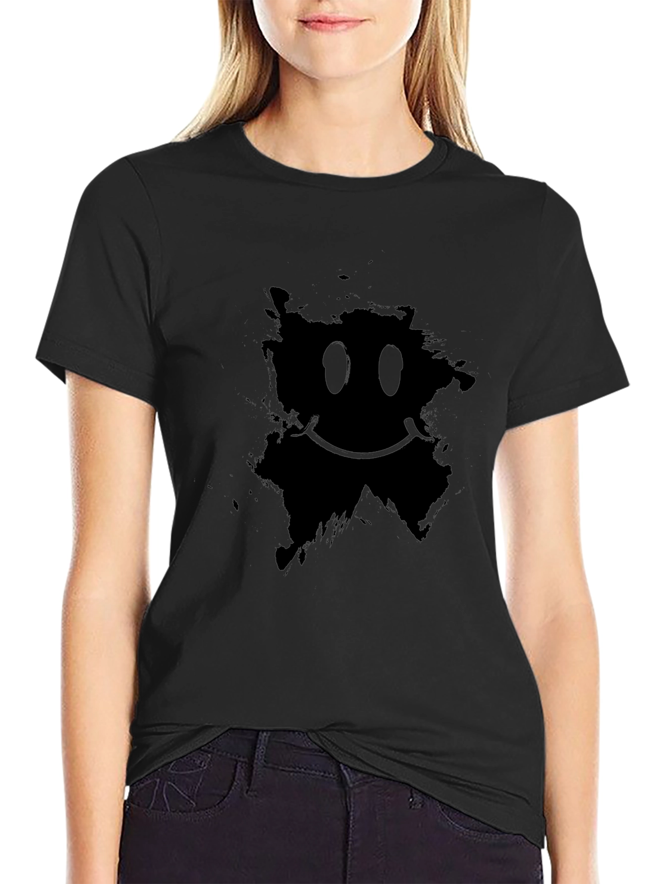 Distressed Smiley Graphic Black T-Shirt