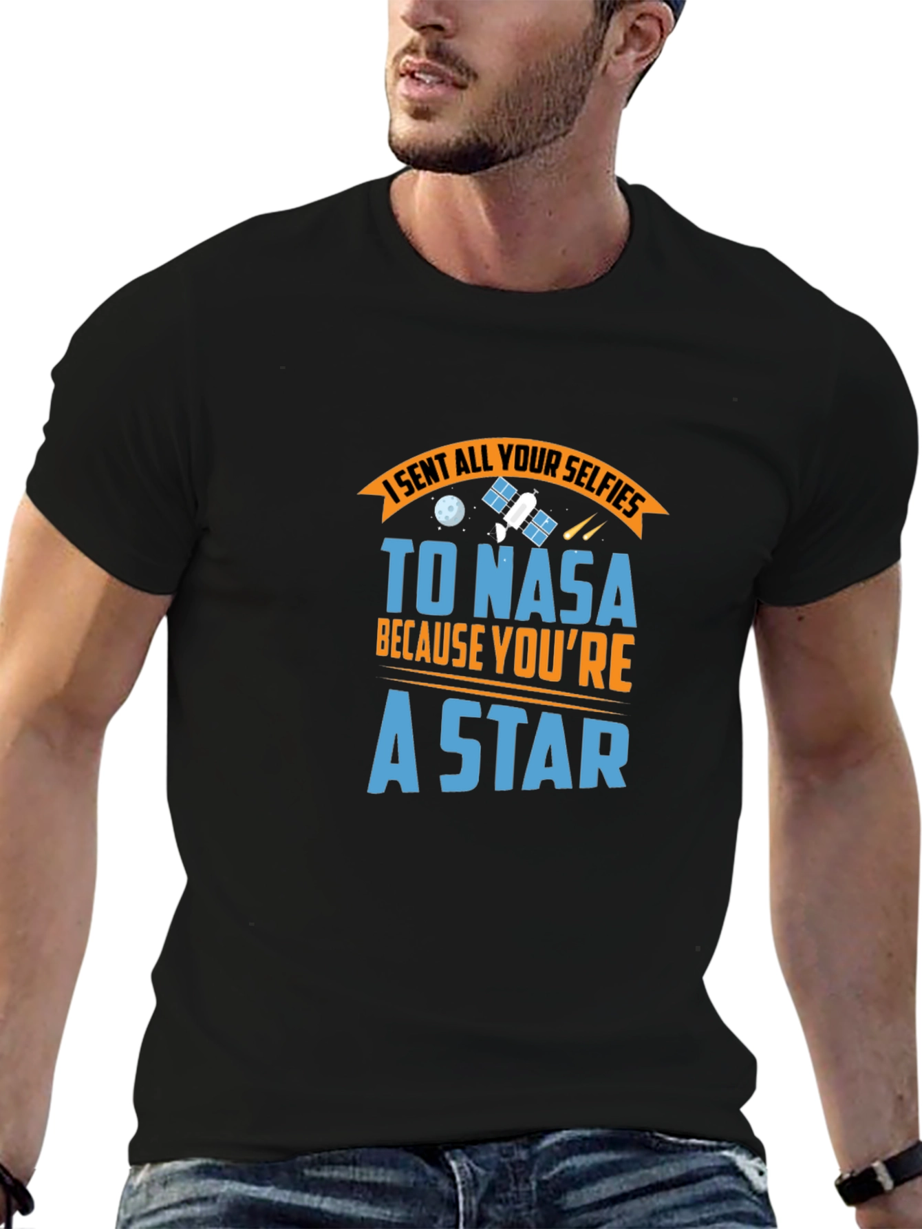 NASA Star Selfie Black Cotton Graphic Tee