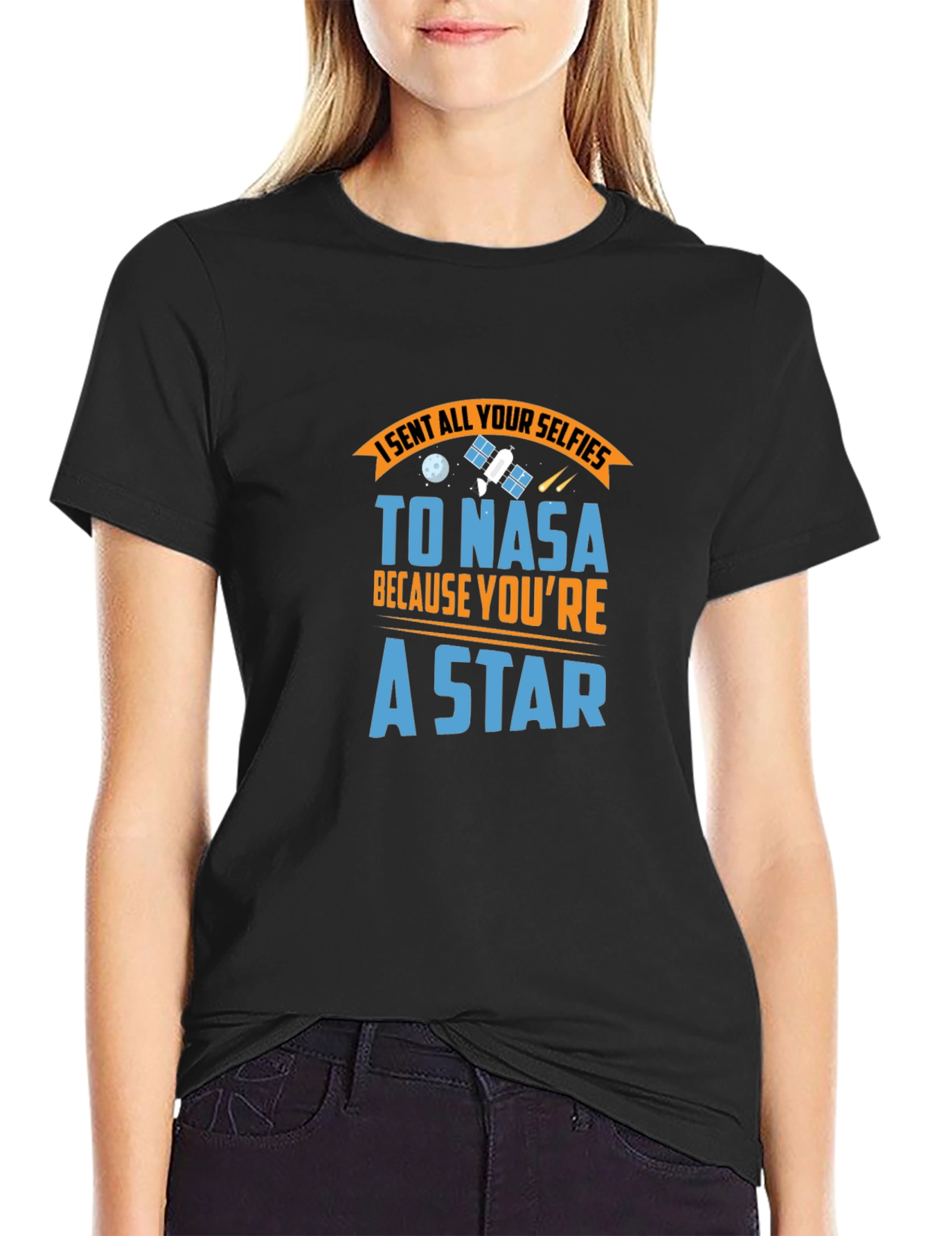 NASA Star Selfie Black Cotton Graphic Tee