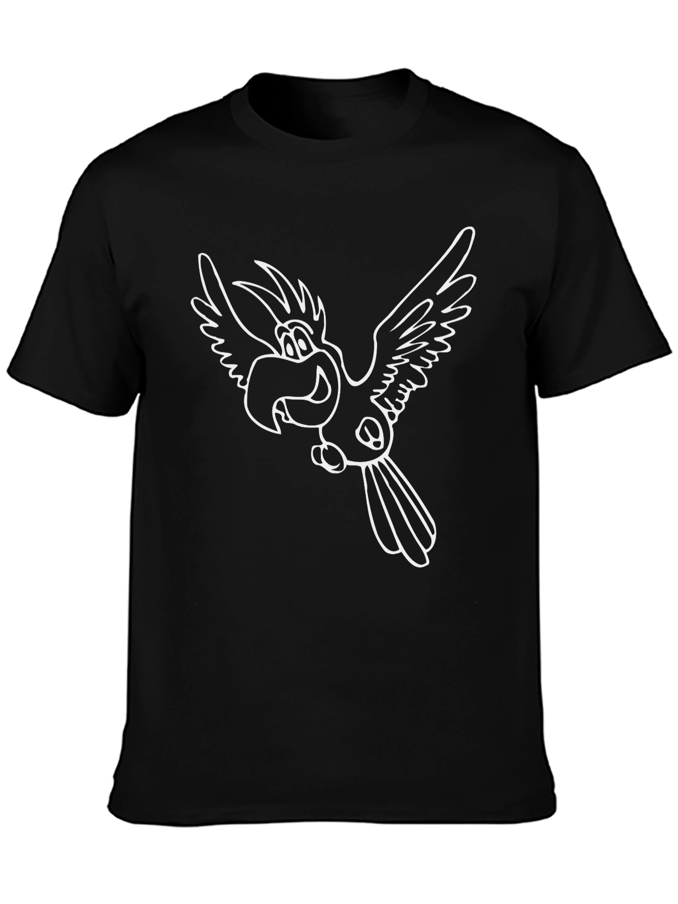 Cartoon Parrot Graphic Tee - Black Crew Neck Casual Shirt