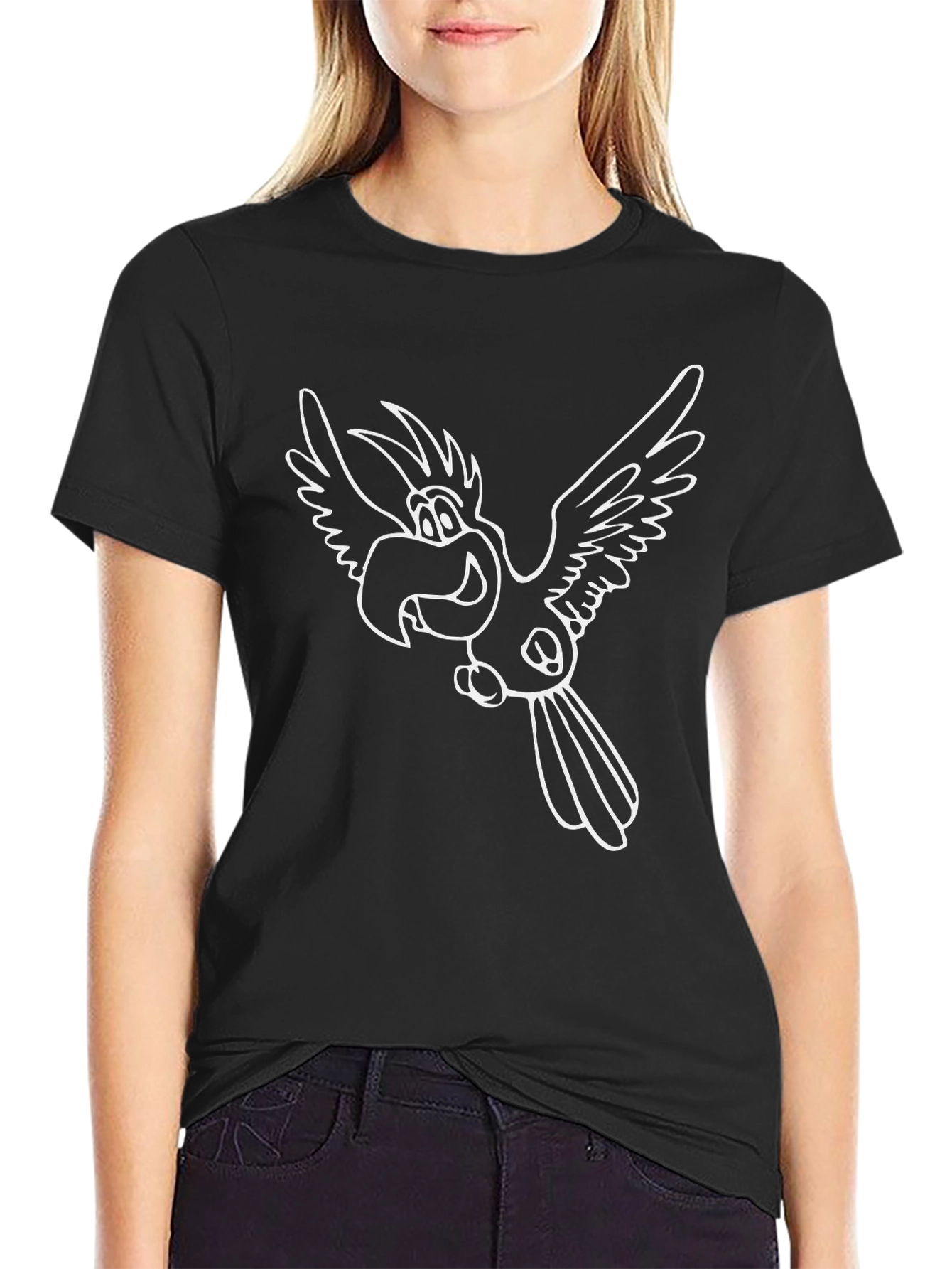 Cartoon Parrot Graphic Tee - Black Crew Neck Casual Shirt