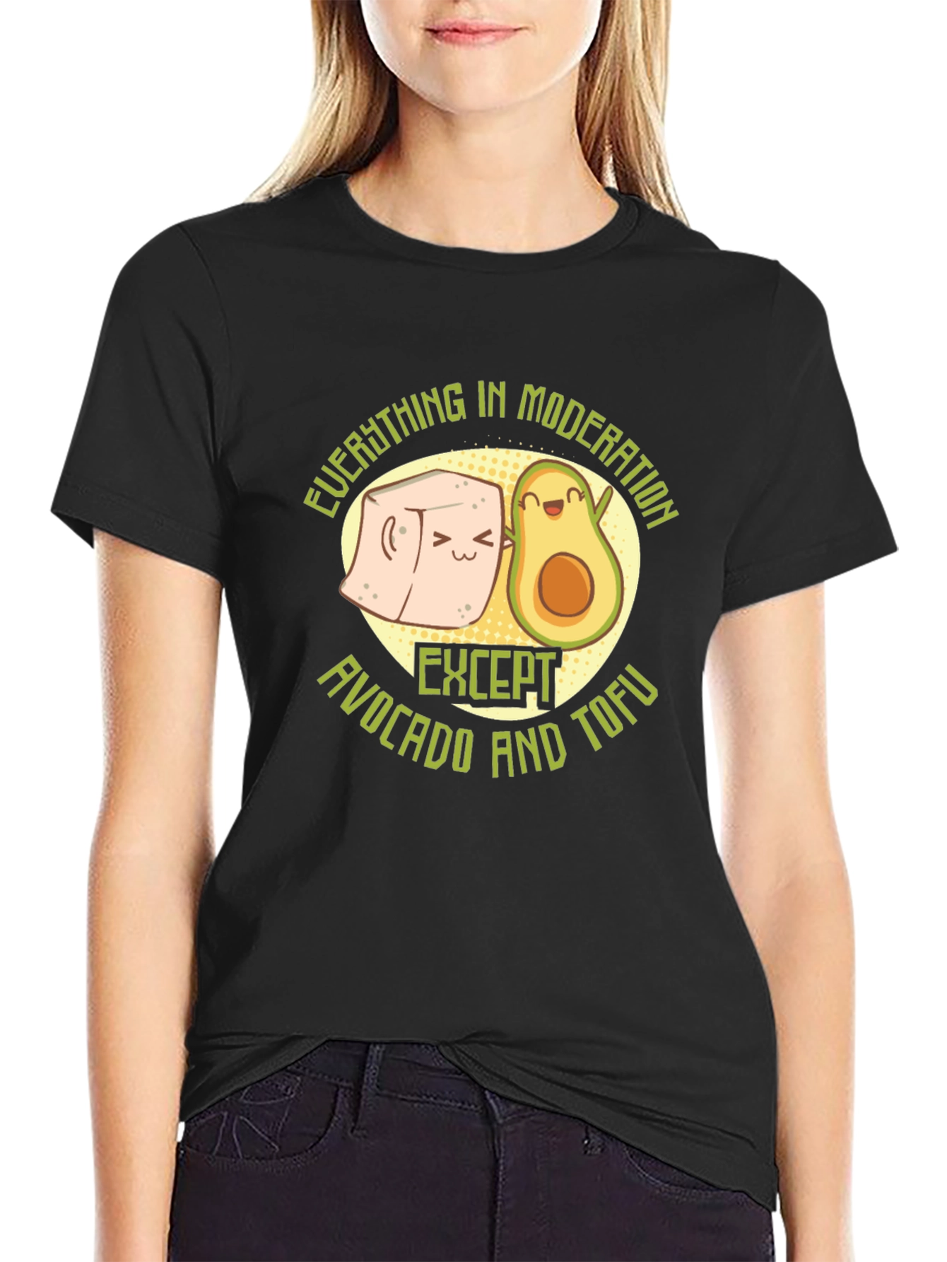 Avocado and Tofu Graphic Print Black T-Shirt