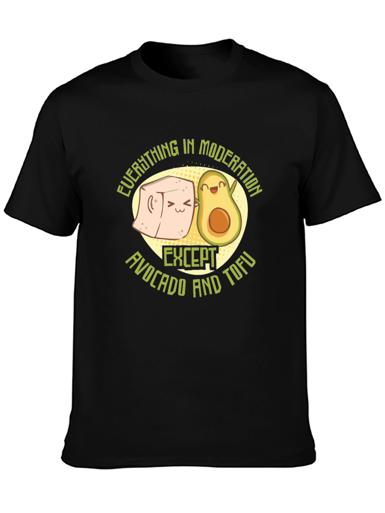 Avocado and Tofu Graphic Print Black T-Shirt
