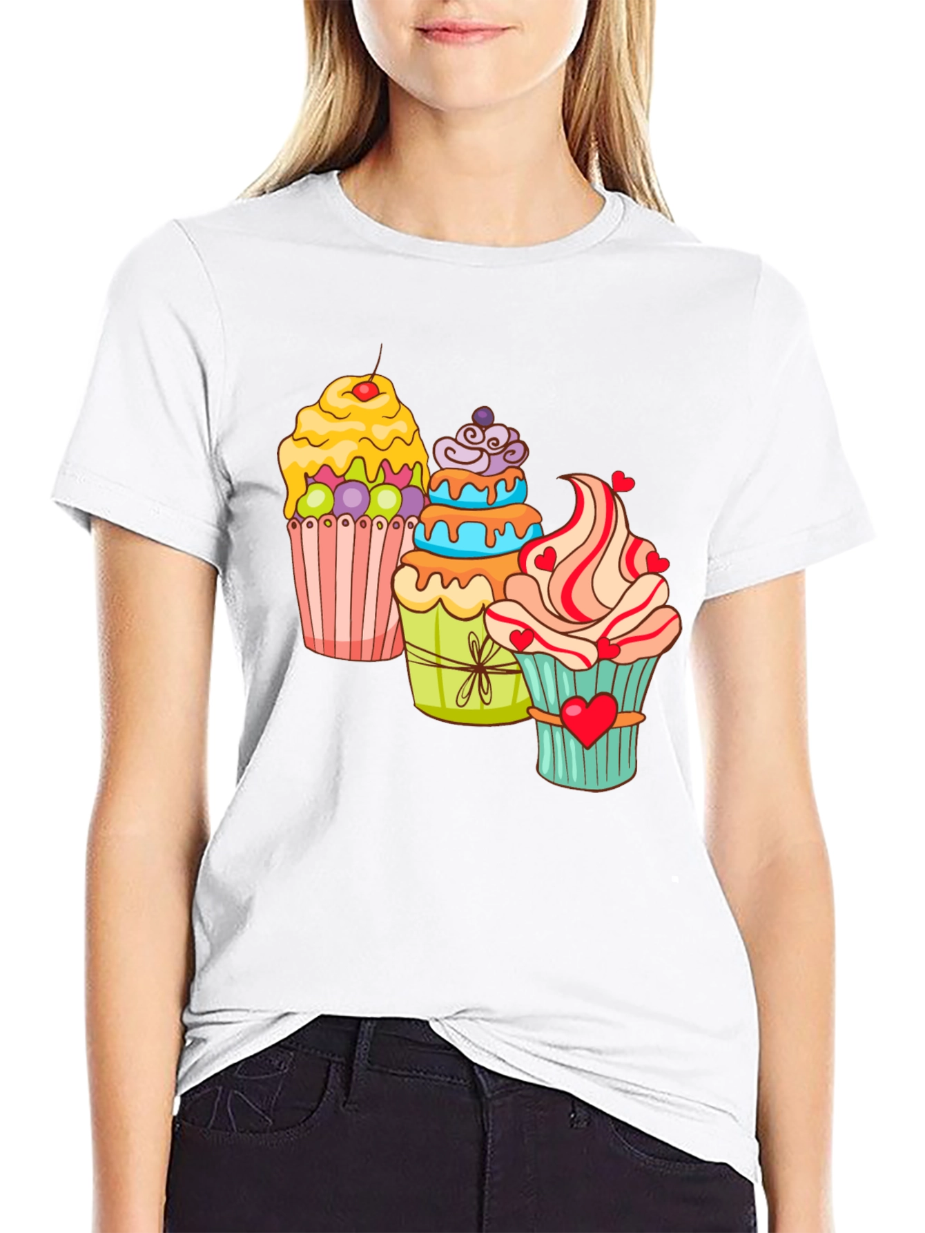 Cupcake T-Shirt Black Cotton Short Sleeve Dessert Lover
