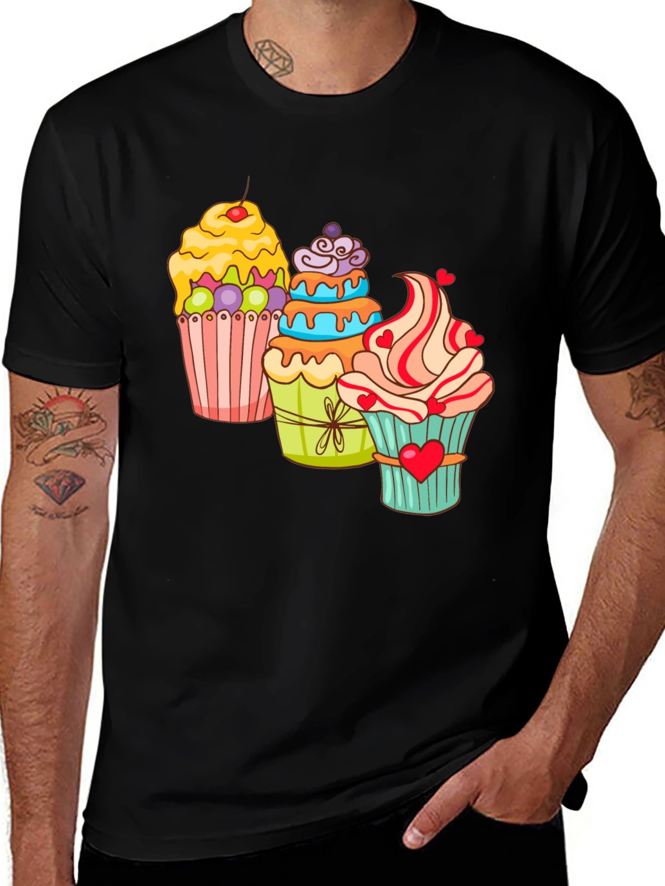 Cupcake T-Shirt Black Cotton Short Sleeve Dessert Lover
