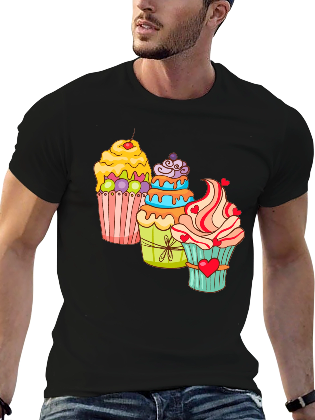 Cupcake T-Shirt Black Cotton Short Sleeve Dessert Lover