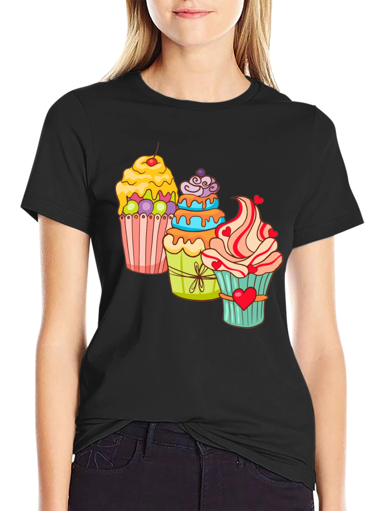Cupcake T-Shirt Black Cotton Short Sleeve Dessert Lover