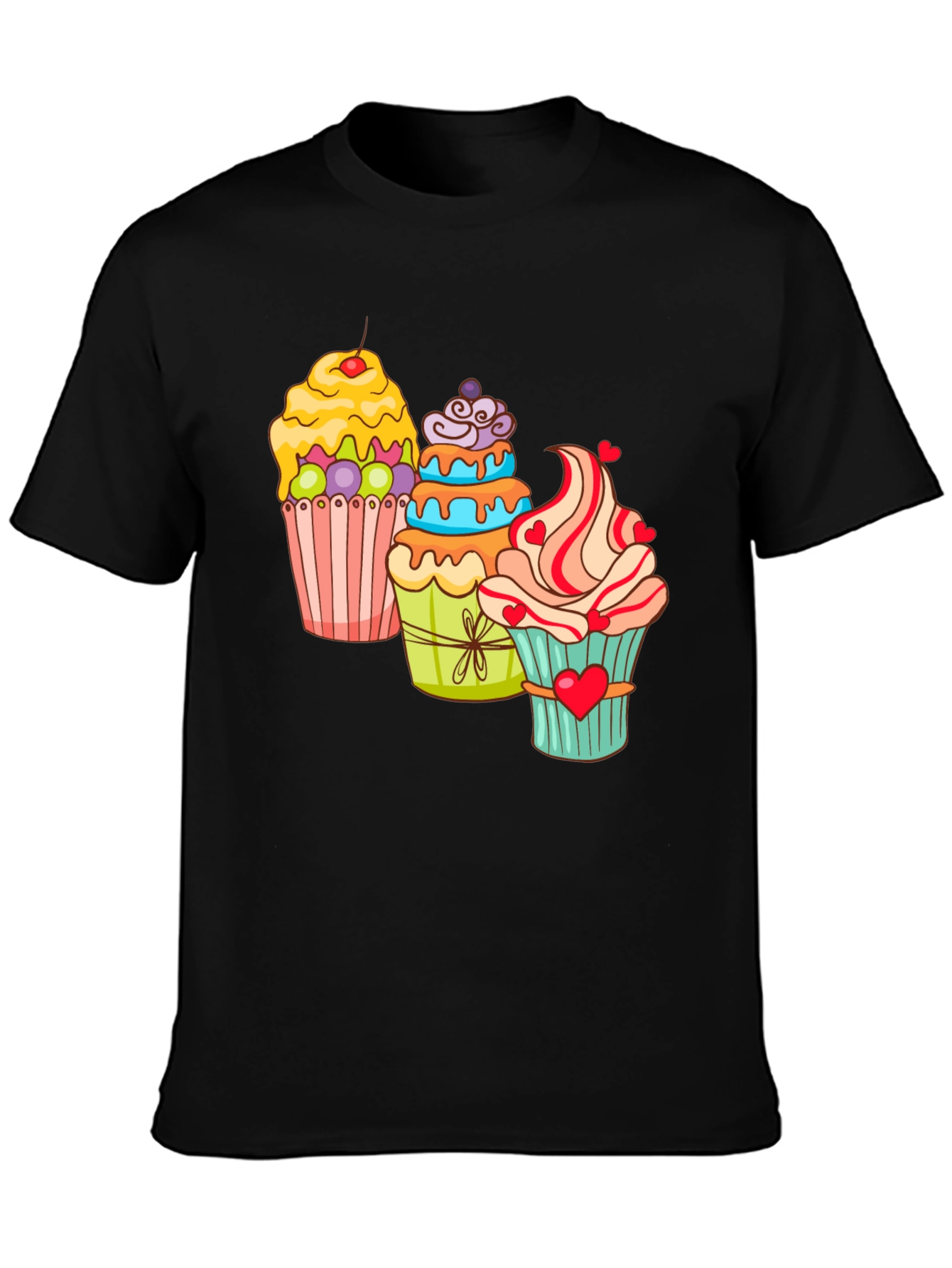 Cupcake T-Shirt Black Cotton Short Sleeve Dessert Lover