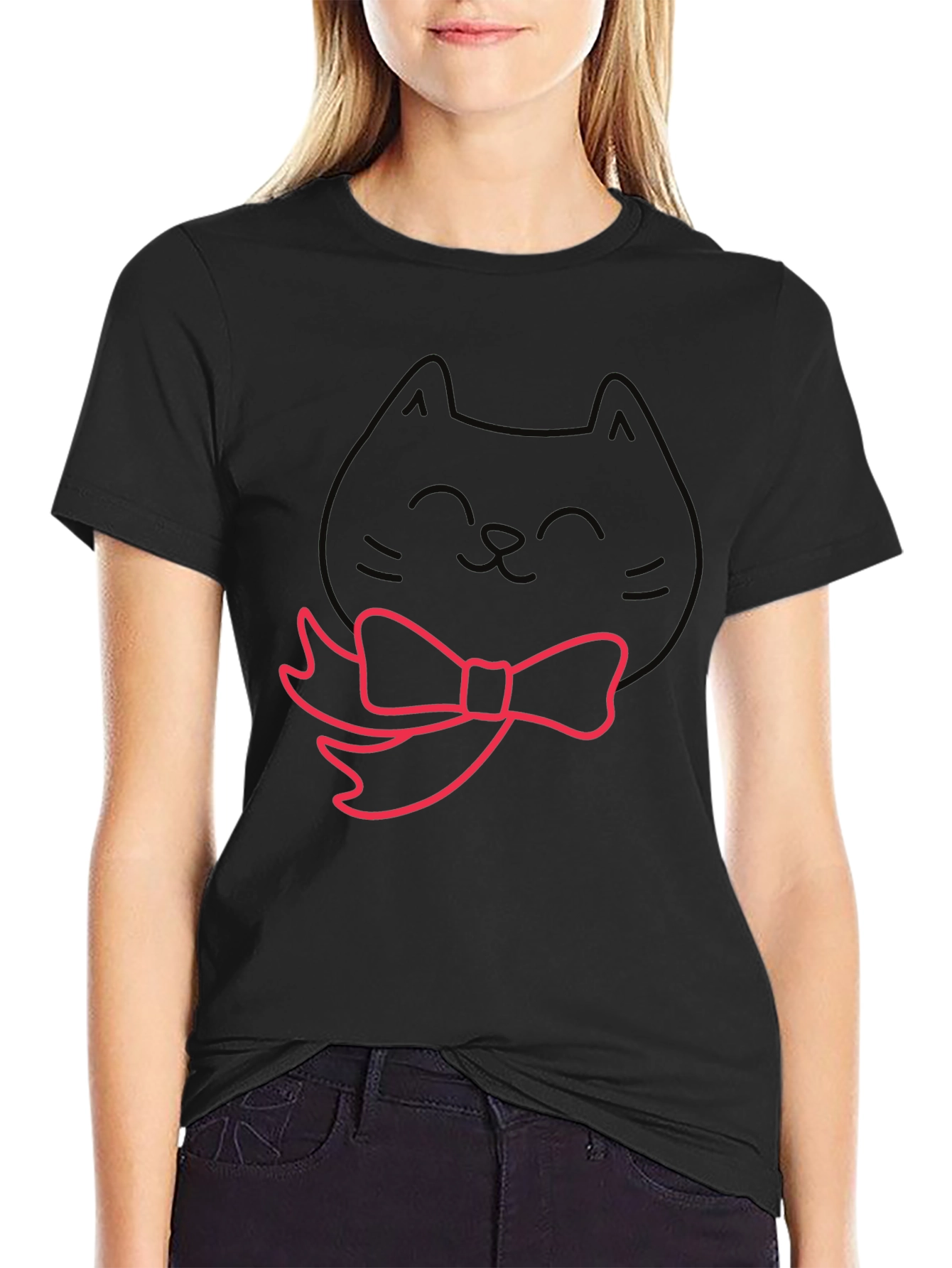 Cute Cat Bow Tie Graphic T-Shirt
