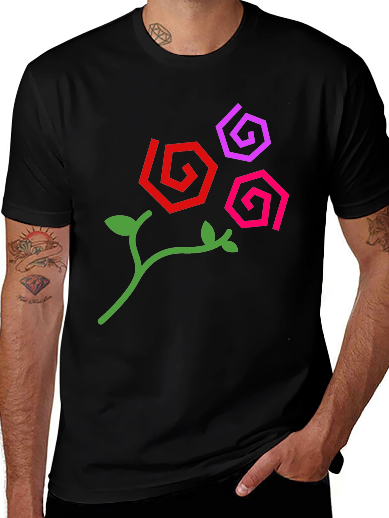 Abstract Floral Design Black T-Shirt