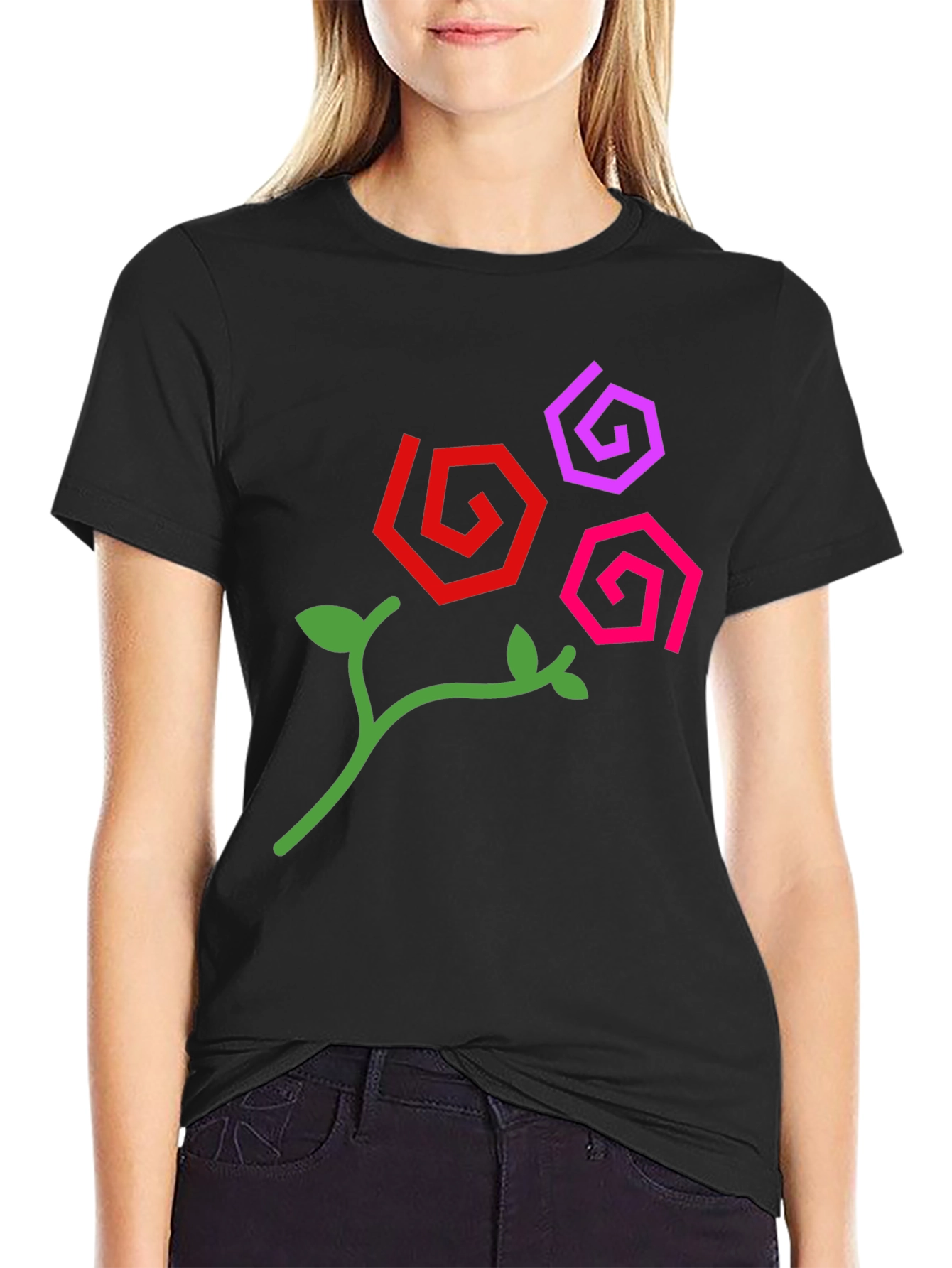 Abstract Floral Design Black T-Shirt