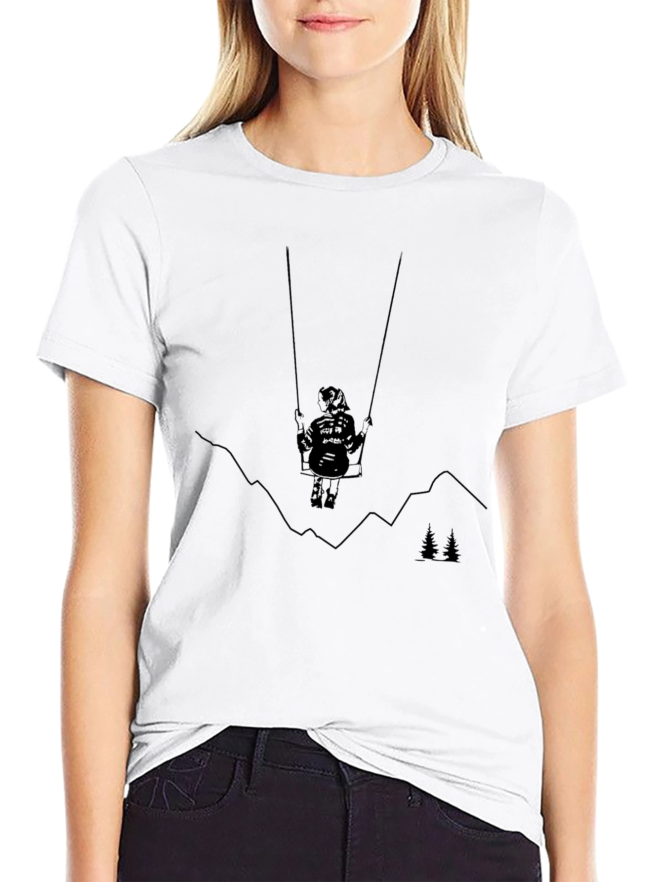 Black Graphic Tee - Girl on Swing