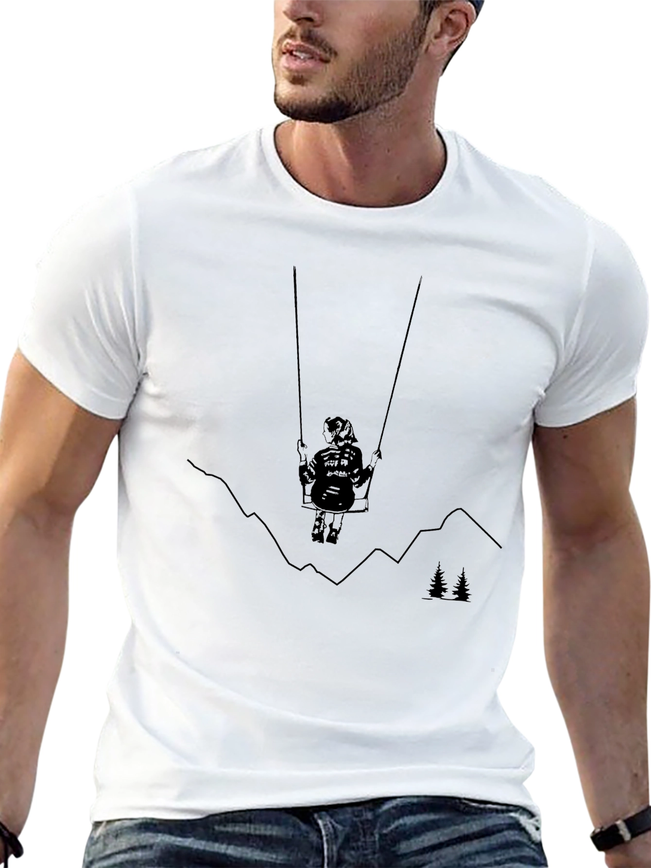 Black Graphic Tee - Girl on Swing