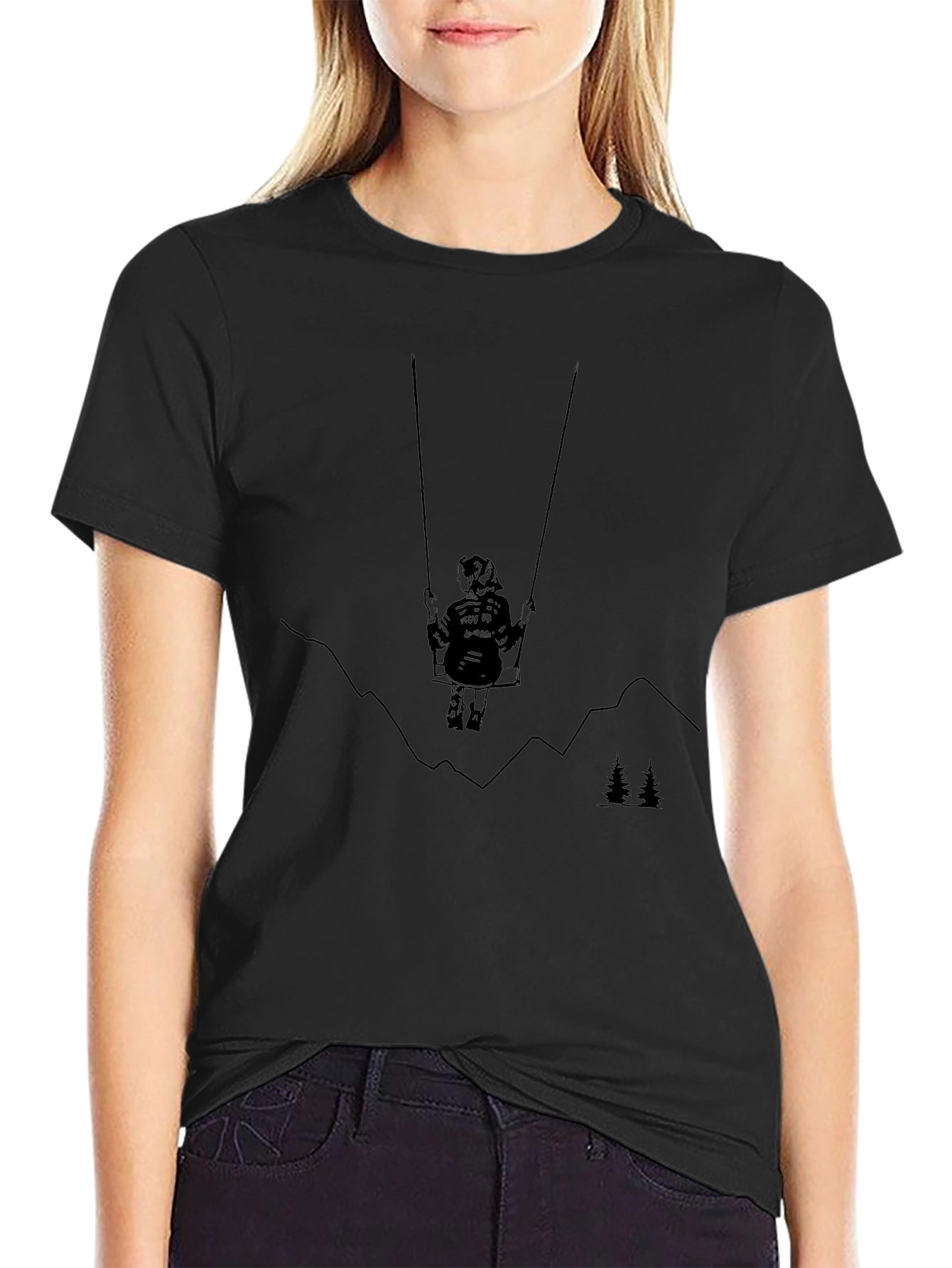 Black Graphic Tee - Girl on Swing