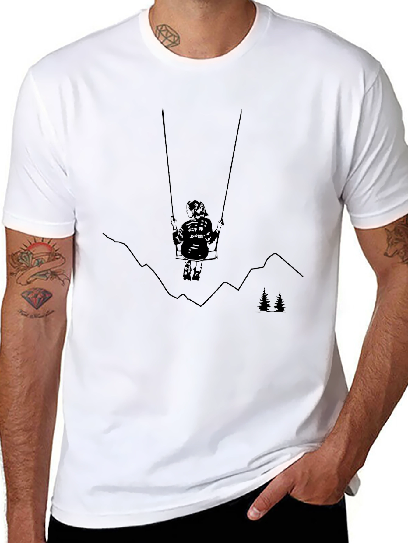 Black Graphic Tee - Girl on Swing